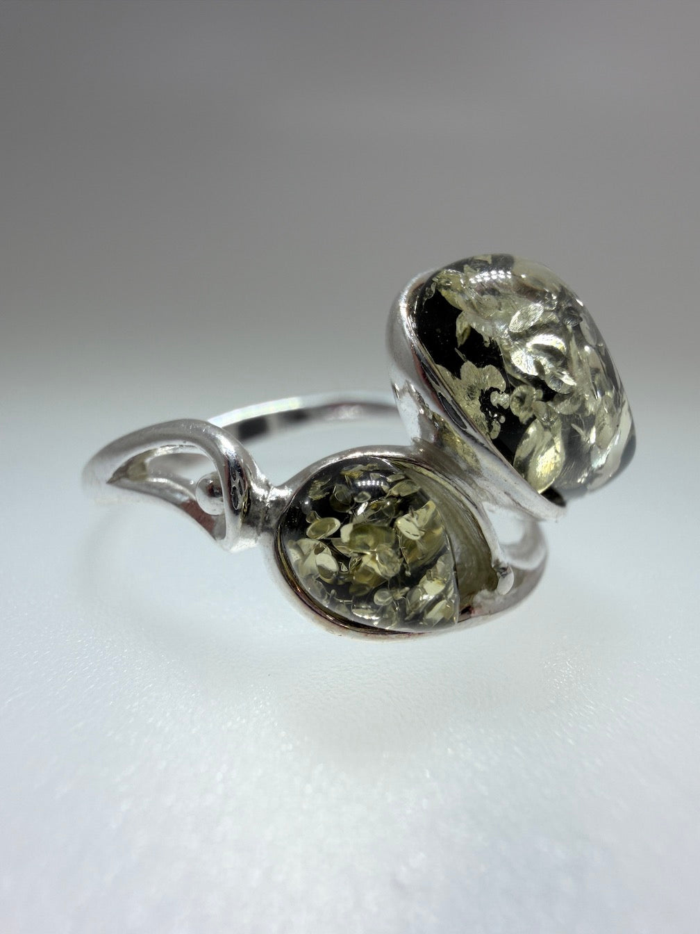 Genuine Green Baltic Amber Two Stone Ring in Sterling 925 Silver