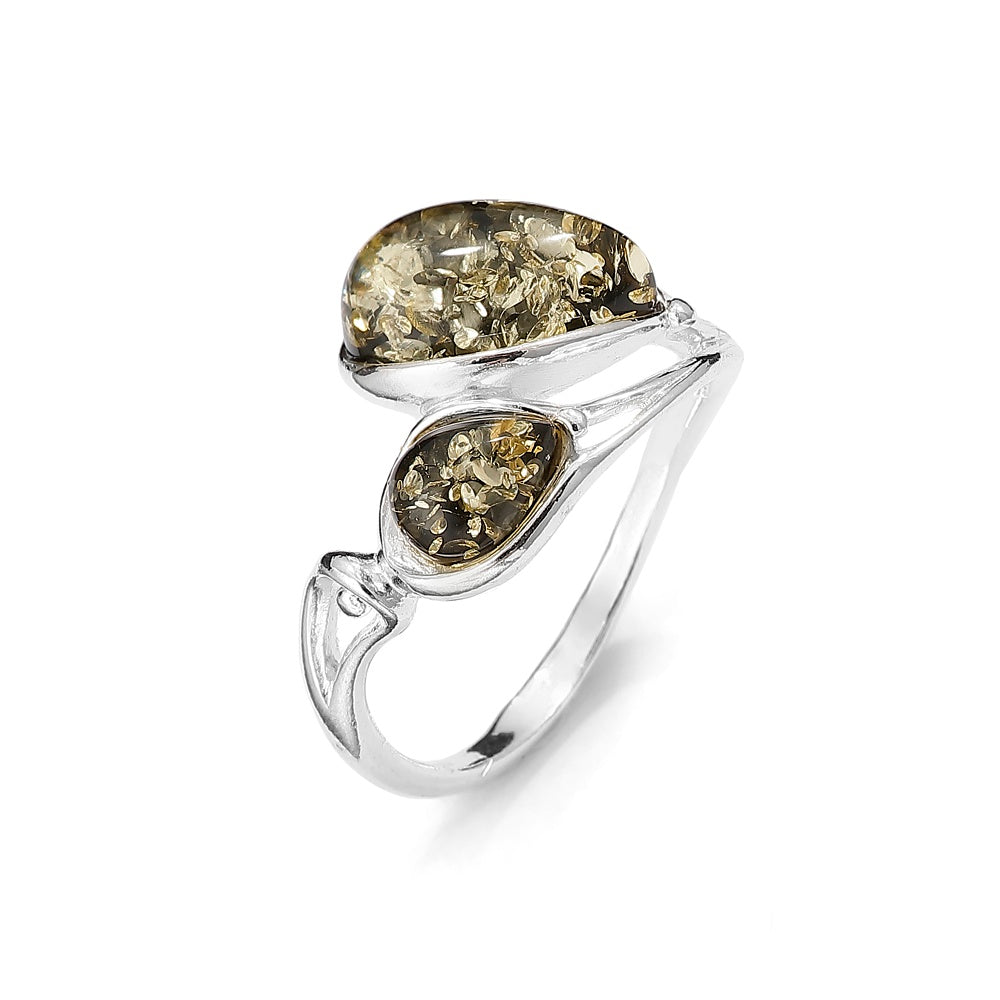 Genuine Green Baltic Amber Two Stone Ring in Sterling 925 Silver