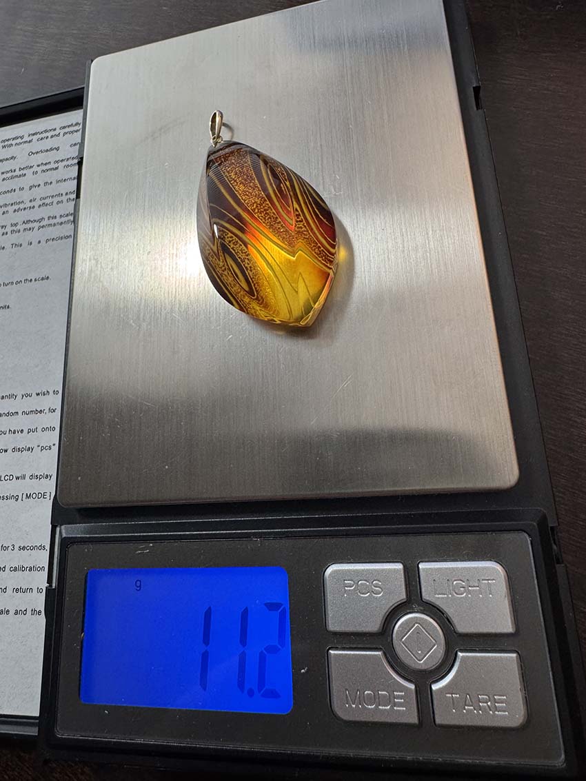 Genuine Hand-Etched Baltic Amber Pendant - Honey Amber in Solid 14K Gold on Rope Chain