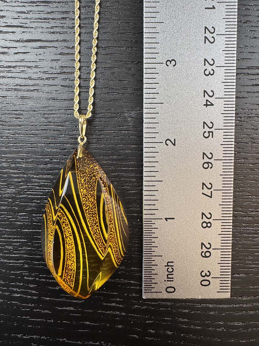 Genuine Hand-Etched Baltic Amber Pendant - Honey Amber in Solid 14K Gold on Rope Chain
