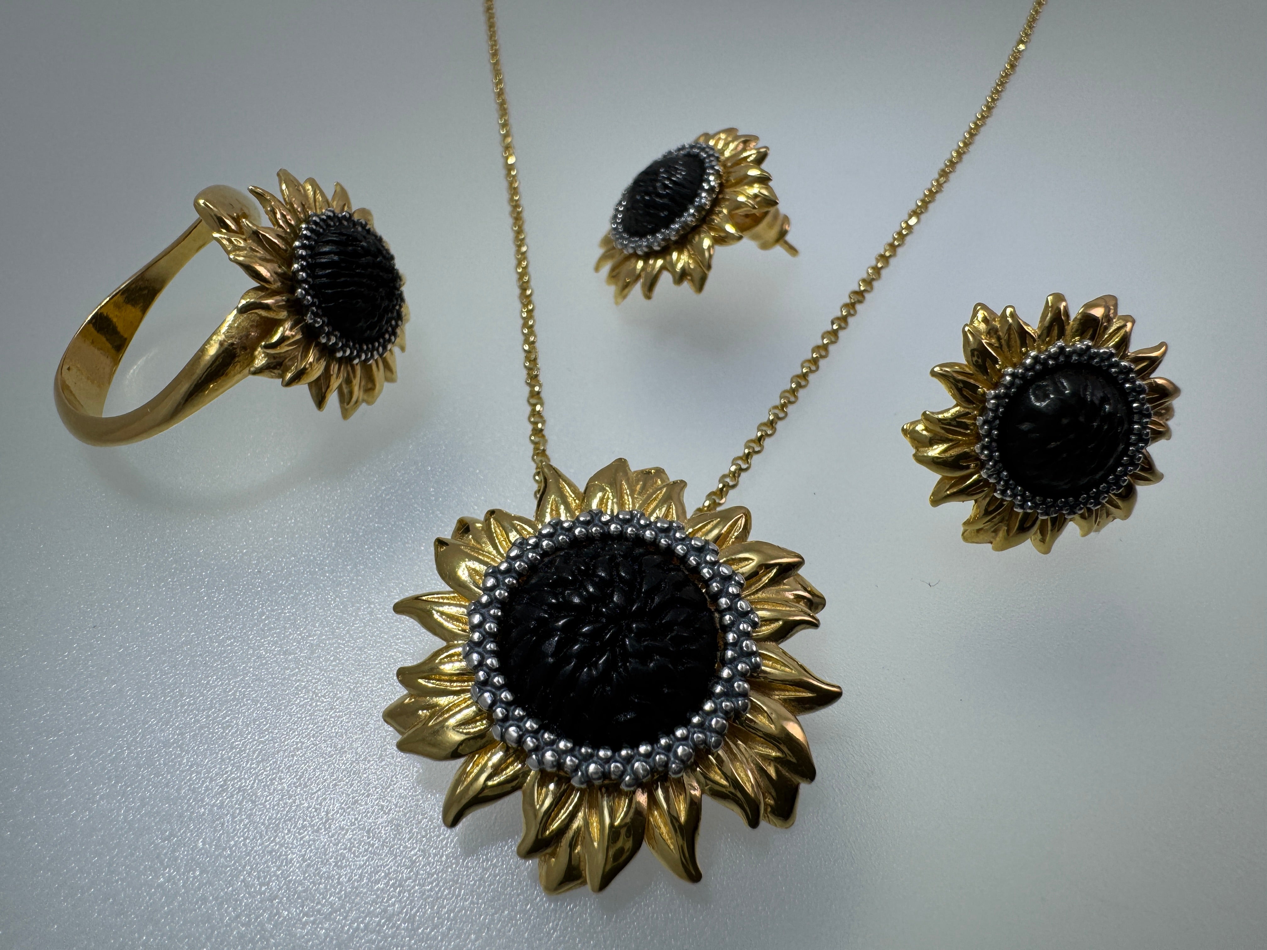 Genuine Rare Black Baltic Amber Gold Platted Sterling Silver Sunflower Post Earrings