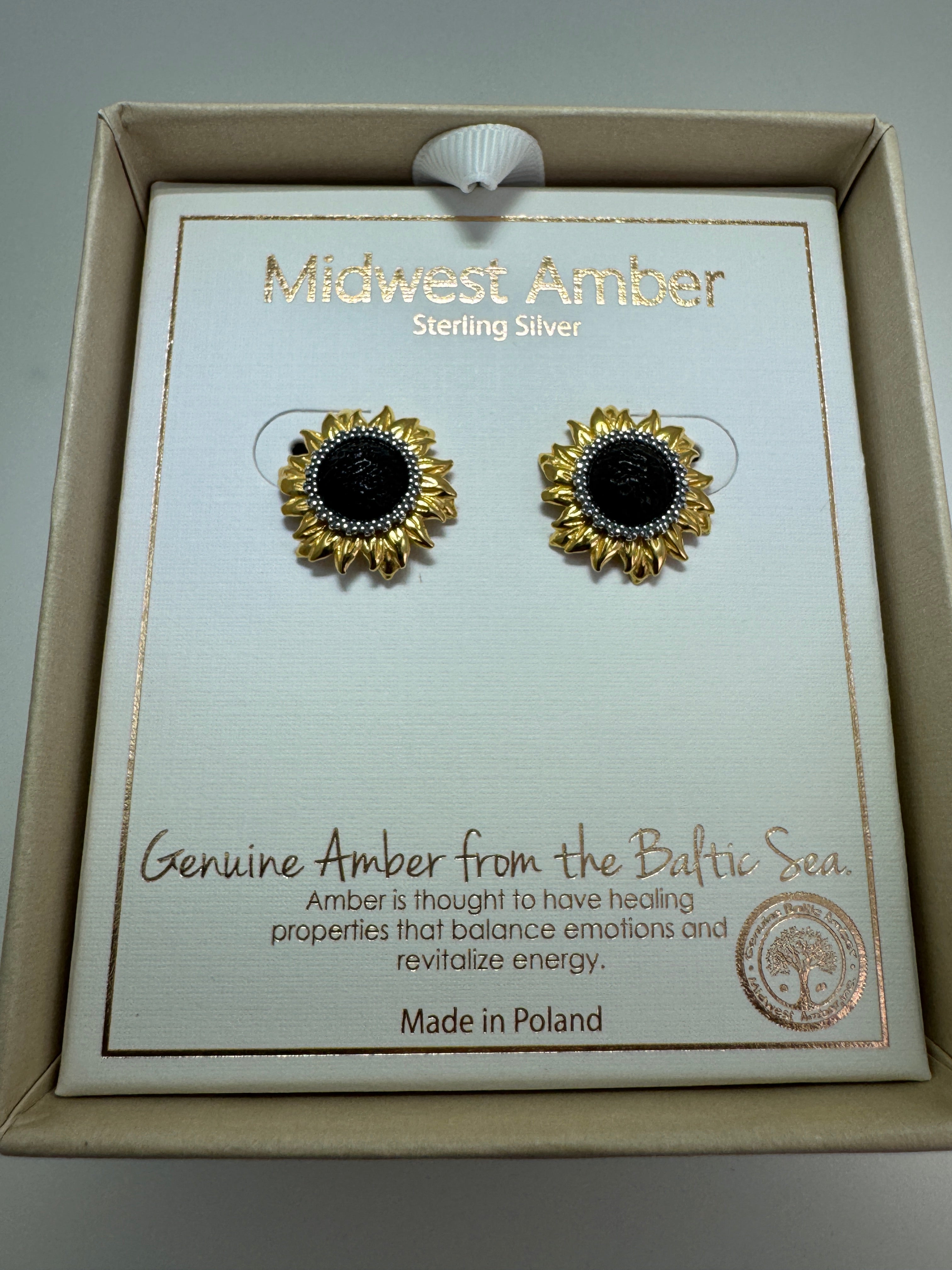 Genuine Rare Black Baltic Amber Gold Platted Sterling Silver Sunflower Post Earrings