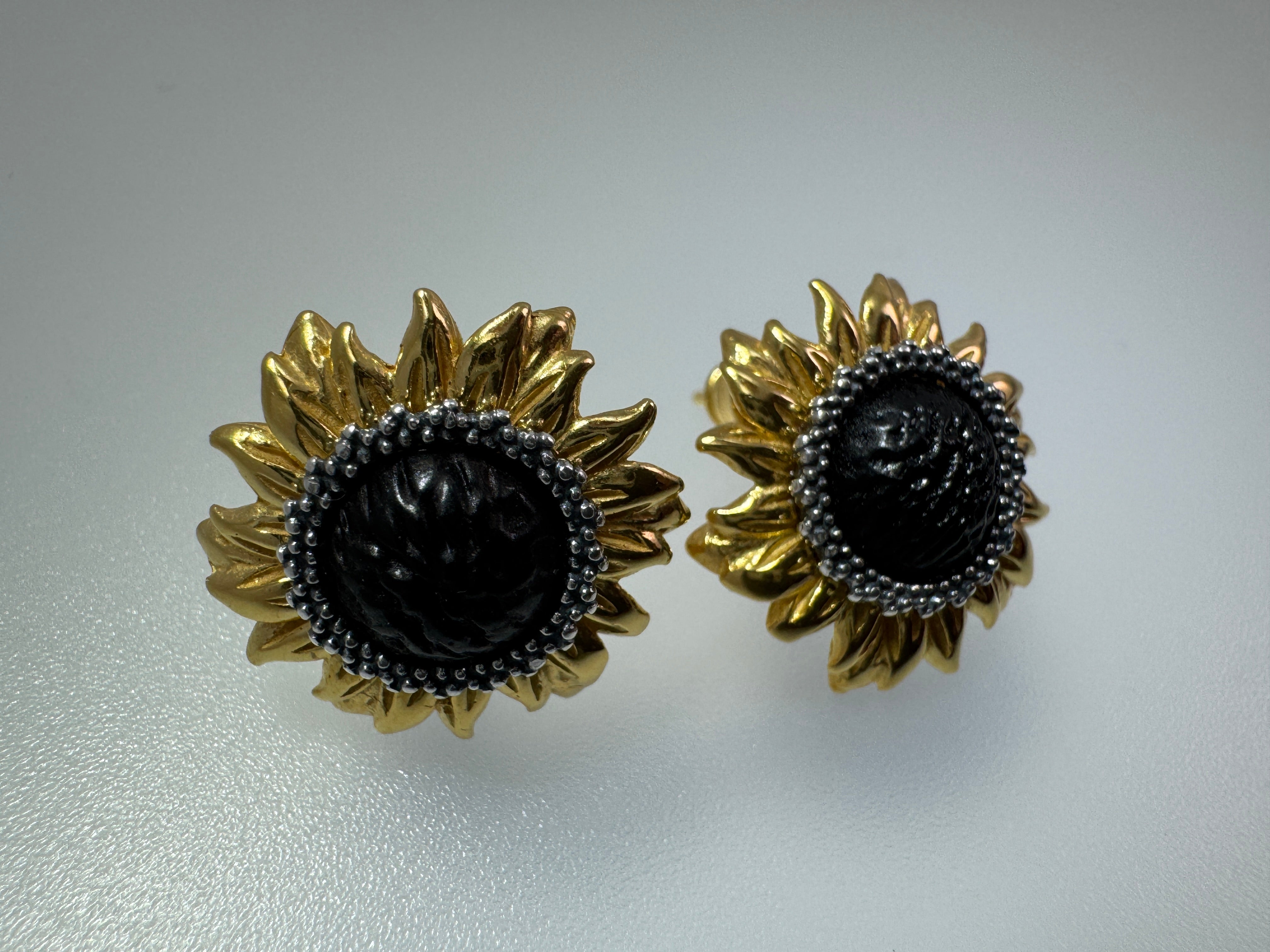 Genuine Rare Black Baltic Amber Gold Platted Sterling Silver Sunflower Post Earrings