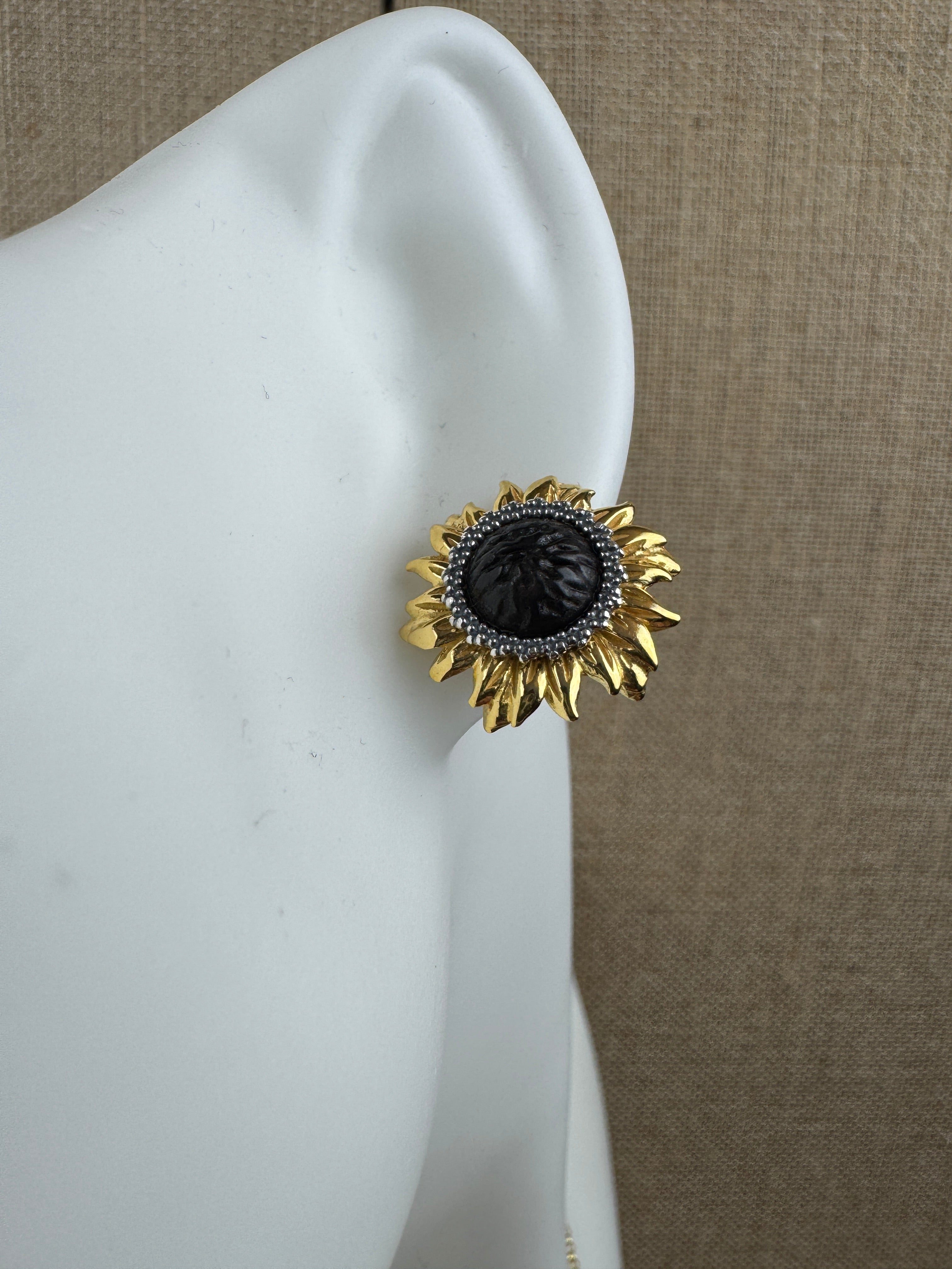 Genuine Rare Black Baltic Amber Gold Platted Sterling Silver Sunflower Post Earrings