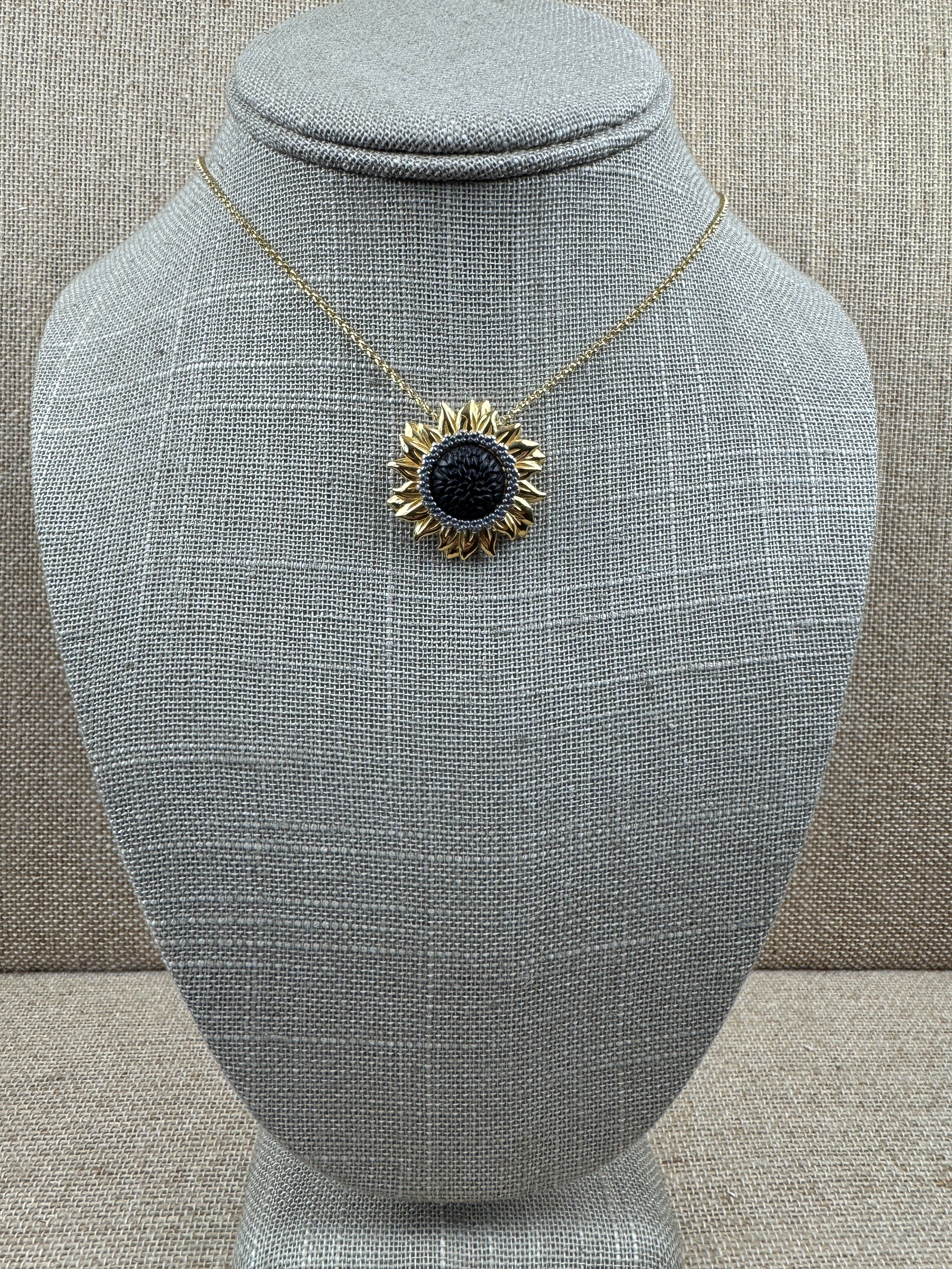 Genuine Rare Black Baltic Amber Sterling Silver Gold Platted Sunflower Pendant with Chain