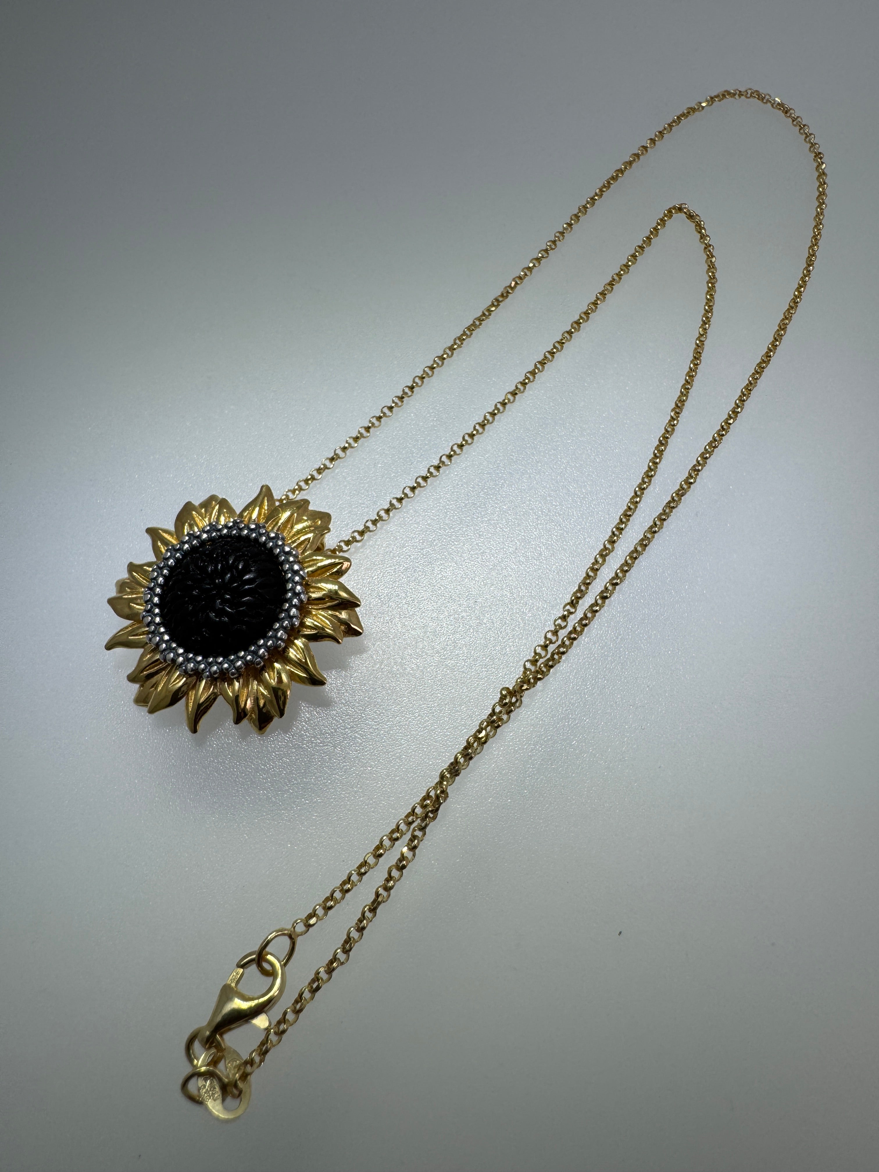 Genuine Rare Black Baltic Amber Sterling Silver Gold Platted Sunflower Pendant with Chain