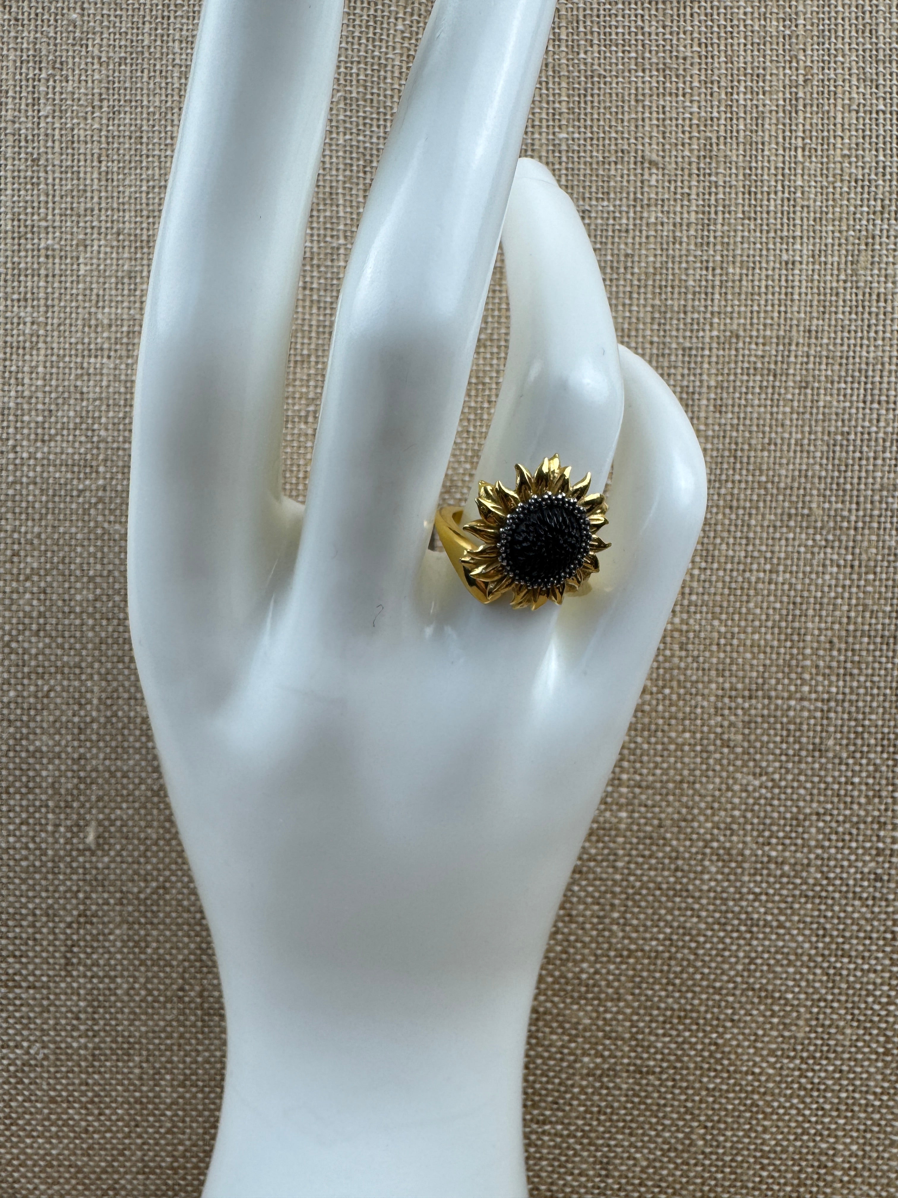 Genuine Rare Black Baltic Amber and Gold Platted Sterling Silver Sunflower Ring