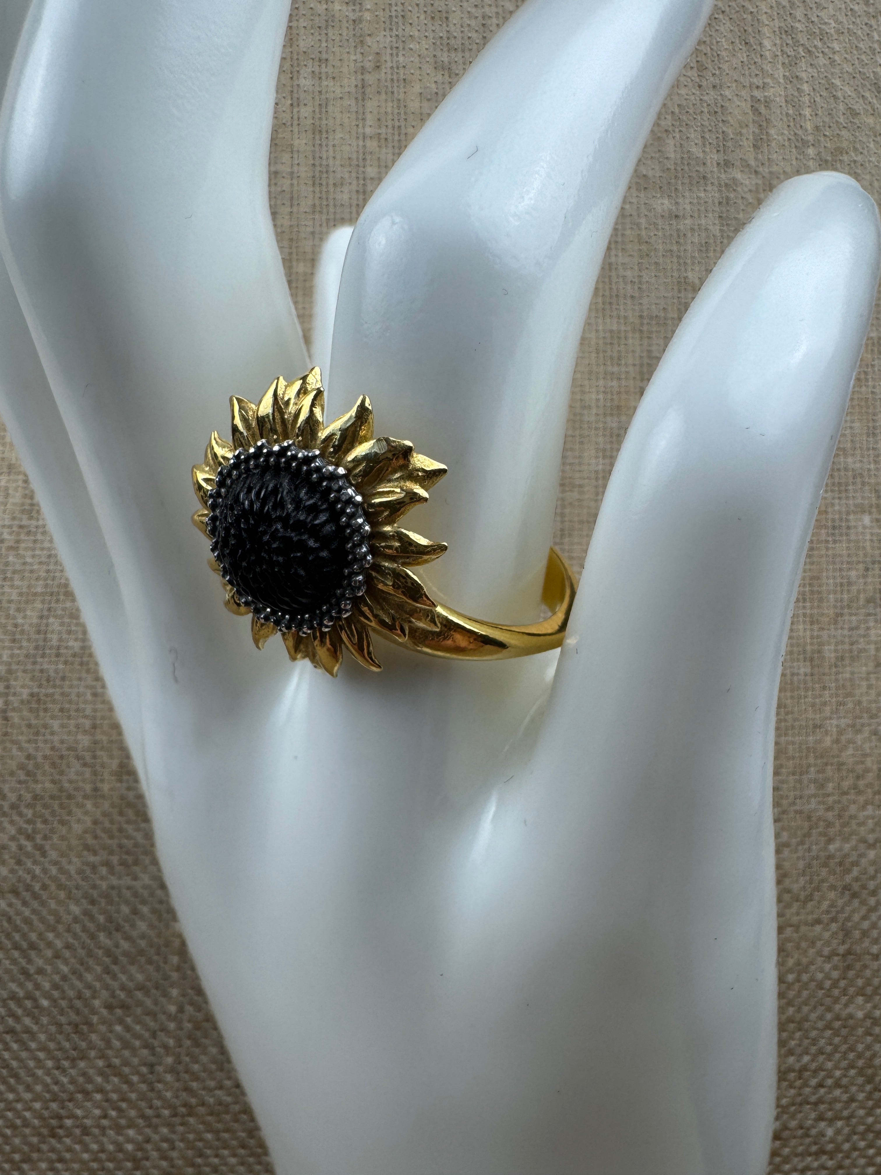 Genuine Rare Black Baltic Amber and Gold Platted Sterling Silver Sunflower Ring