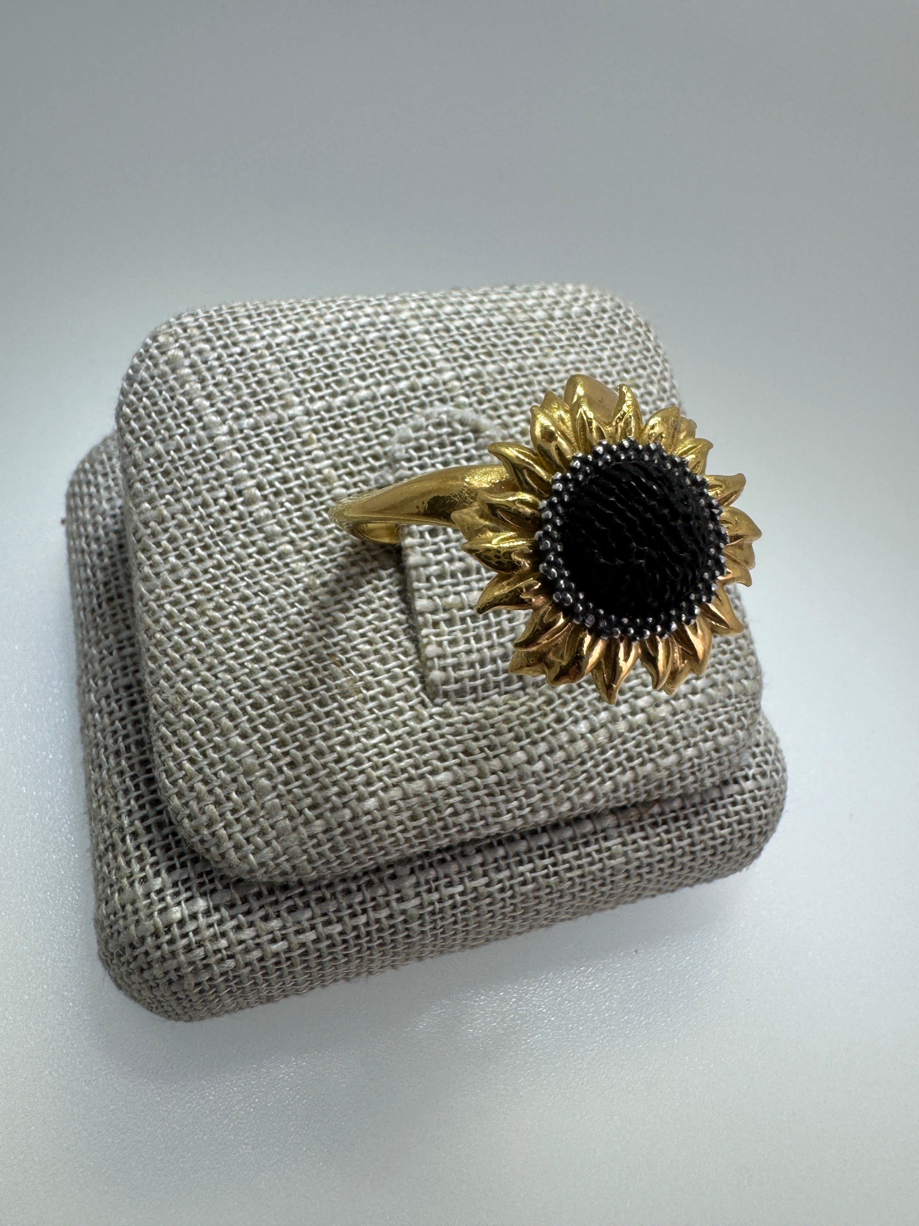 Genuine Rare Black Baltic Amber and Gold Platted Sterling Silver Sunflower Ring
