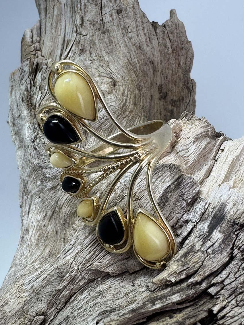 Gold-Plated Sterling Silver Cherry & Butterscotch Baltic Amber Fan Cocktail Ring - Adjustable Open Shank
