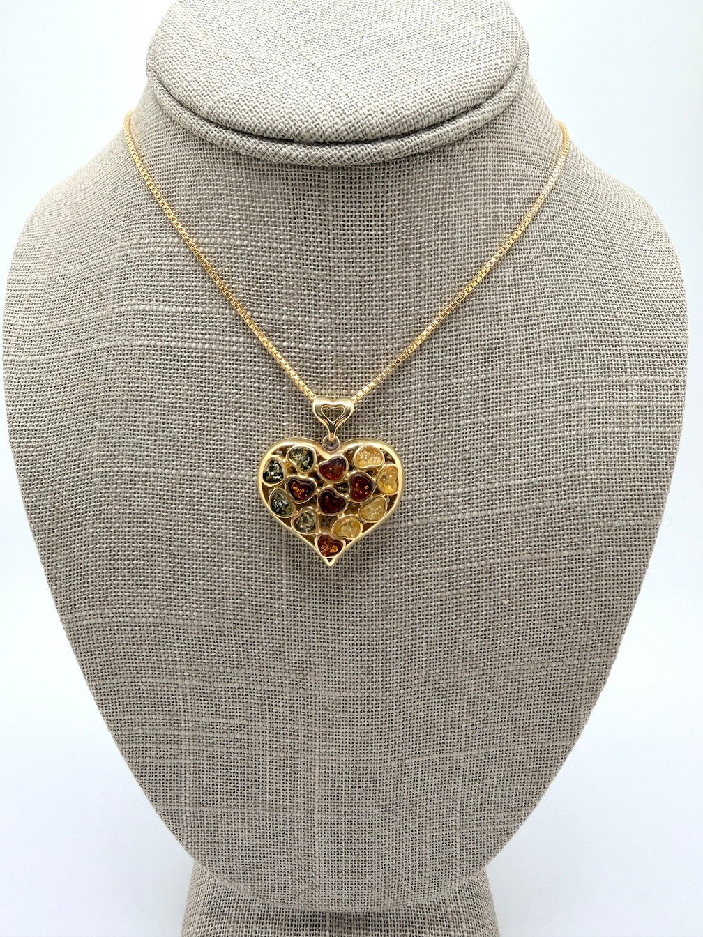Gold-Plated Sterling Silver Filigree Baltic Amber Heart Pendant on Thick Box Chain