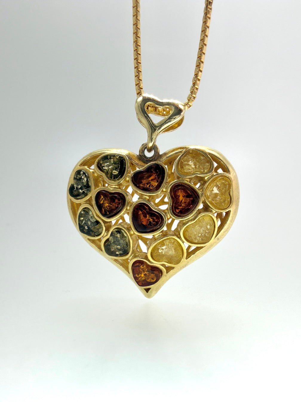 Gold-Plated Sterling Silver Filigree Baltic Amber Heart Pendant on Thick Box Chain