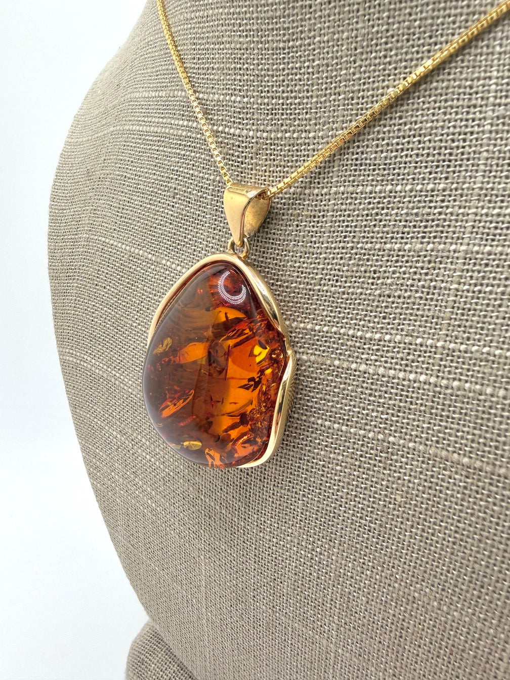 Gold Plated Hand Made Sterling Silver Honey Cognac Baltic Amber Modern Pendant with 18” Box Chain