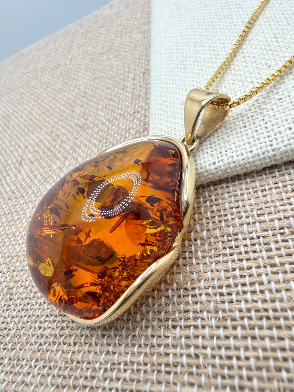 Gold Plated Hand Made Sterling Silver Honey Cognac Baltic Amber Modern Pendant with 18” Box Chain