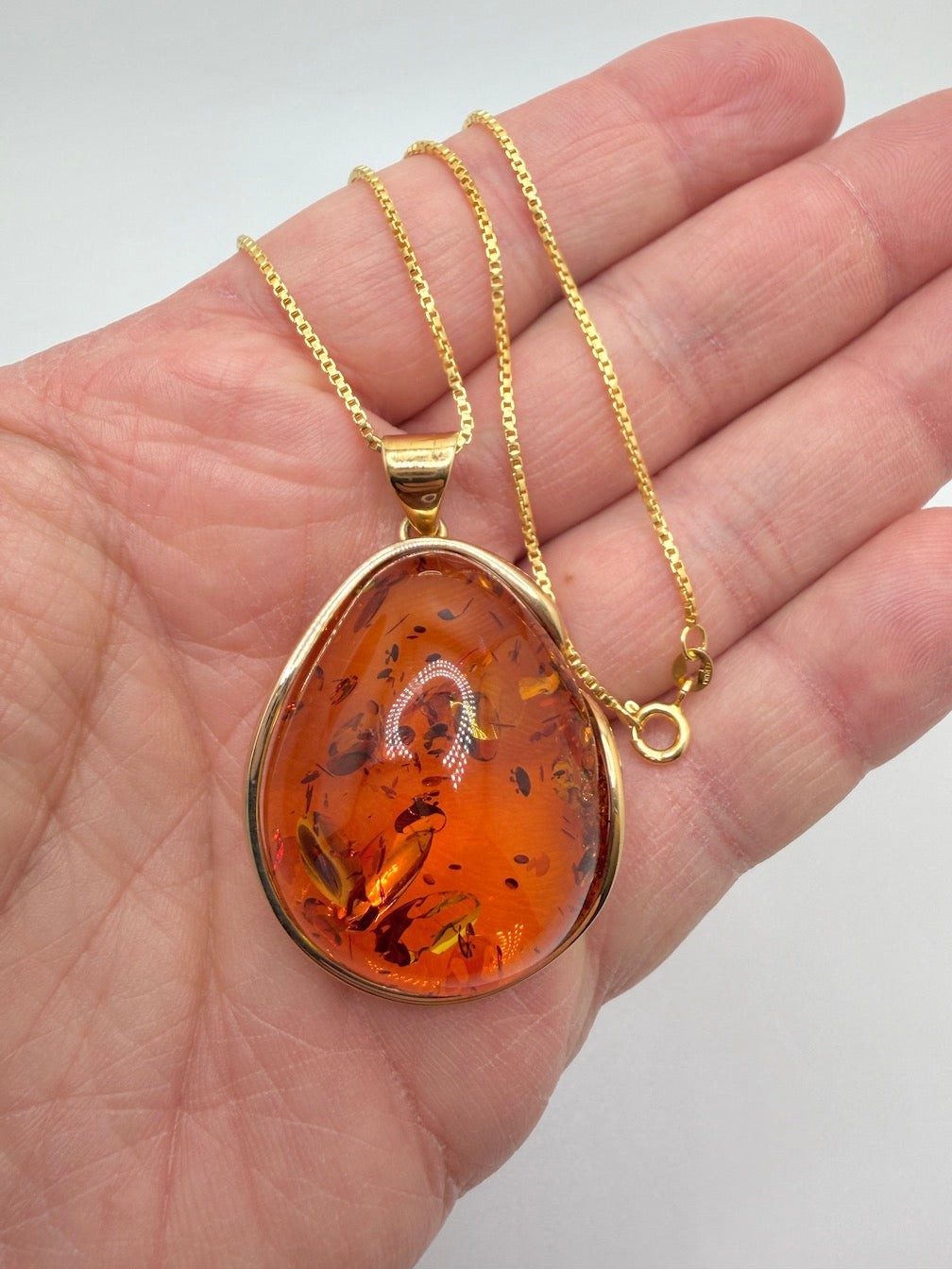 Gold Plated Hand Made Sterling Silver Honey Cognac Baltic Amber Modern Pendant with 18” Box Chain