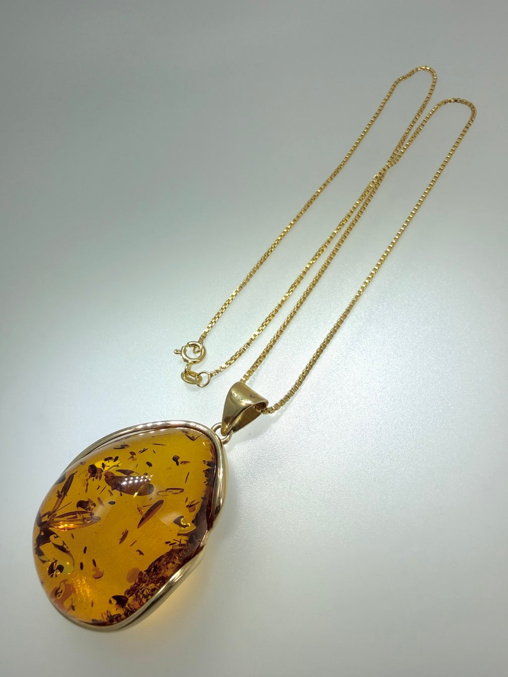 Gold Plated Hand Made Sterling Silver Honey Cognac Baltic Amber Modern Pendant with 18” Box Chain