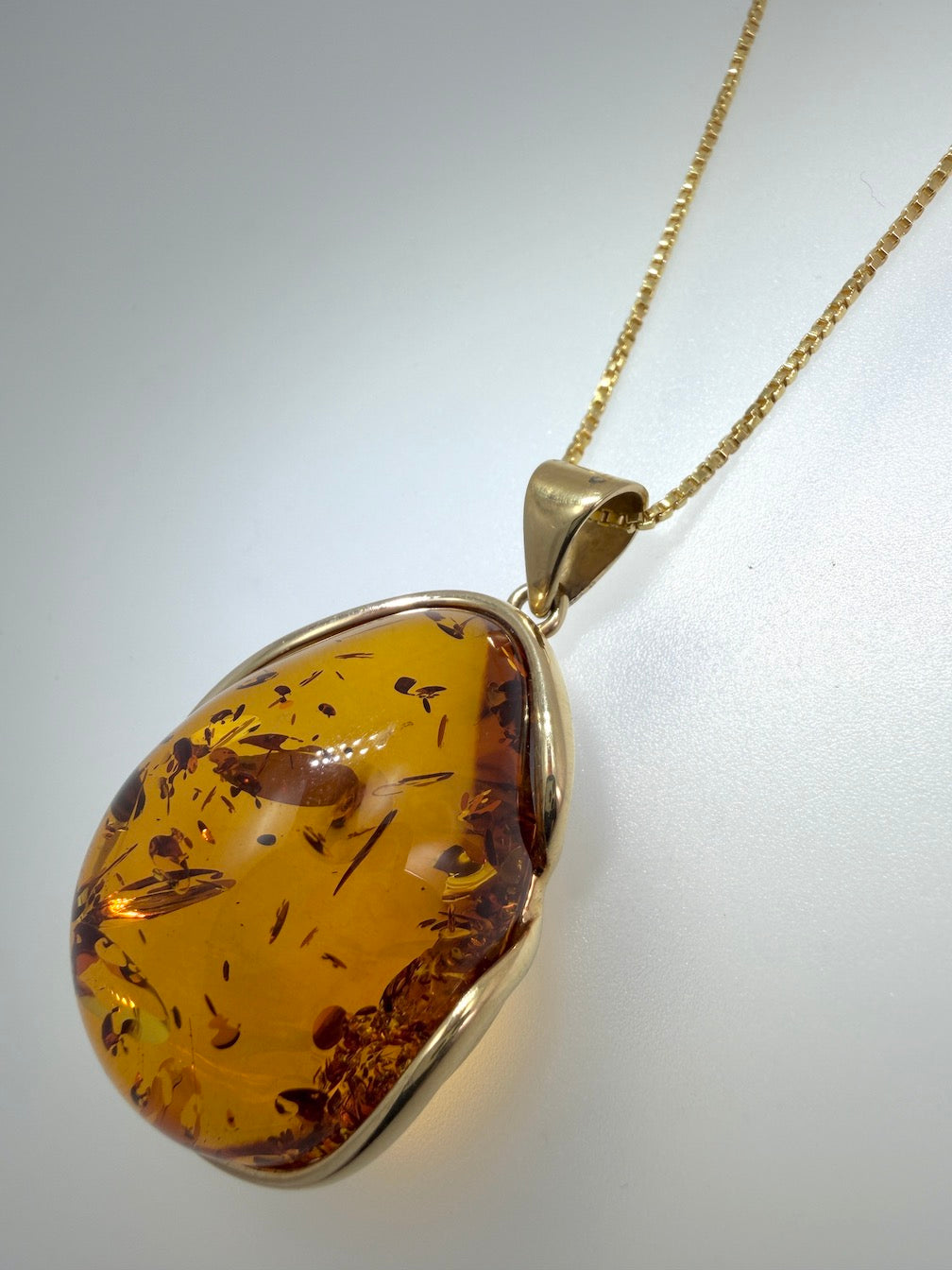 Gold Plated Hand Made Sterling Silver Honey Cognac Baltic Amber Modern Pendant with 18” Box Chain