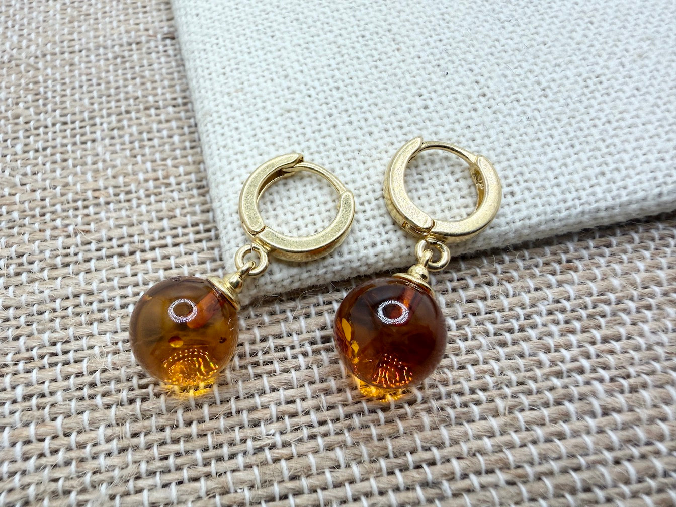Gold Plated Sterling Silver Baltic Amber Drop Earrings – Handmade in Lithuania