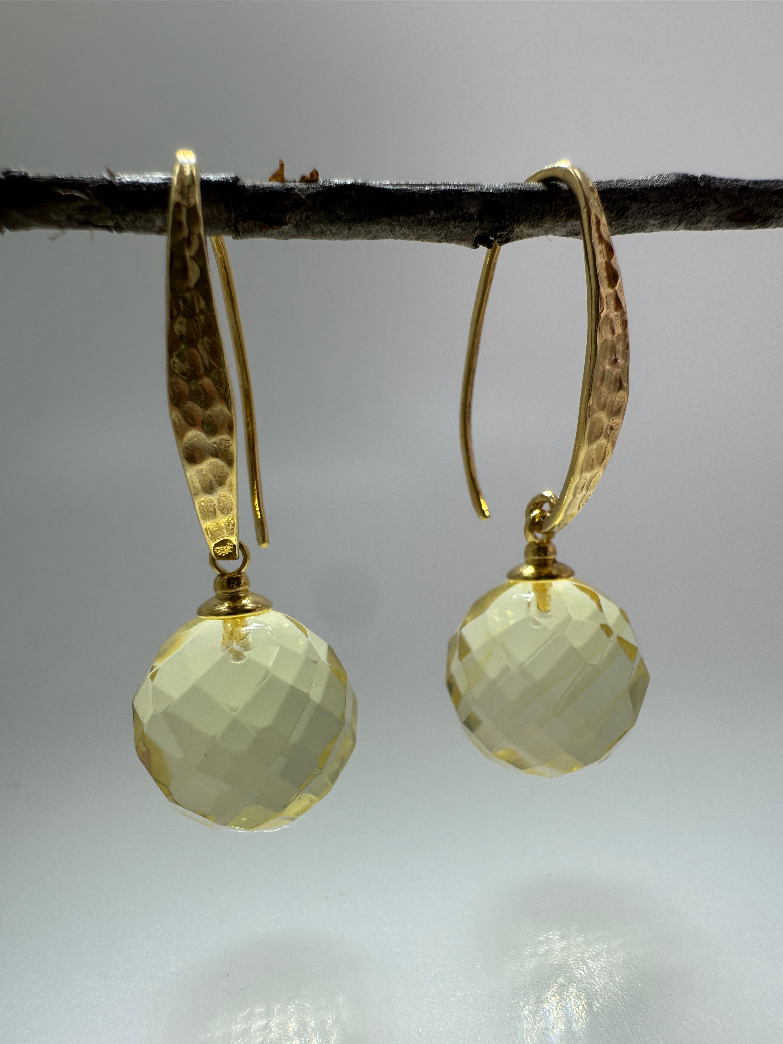 Gold Plated Sterling Silver Lemon Amber Faceted Ball Drop Earrings | Hammered Silver Design | Lightweight Baltic Amber Jewelry