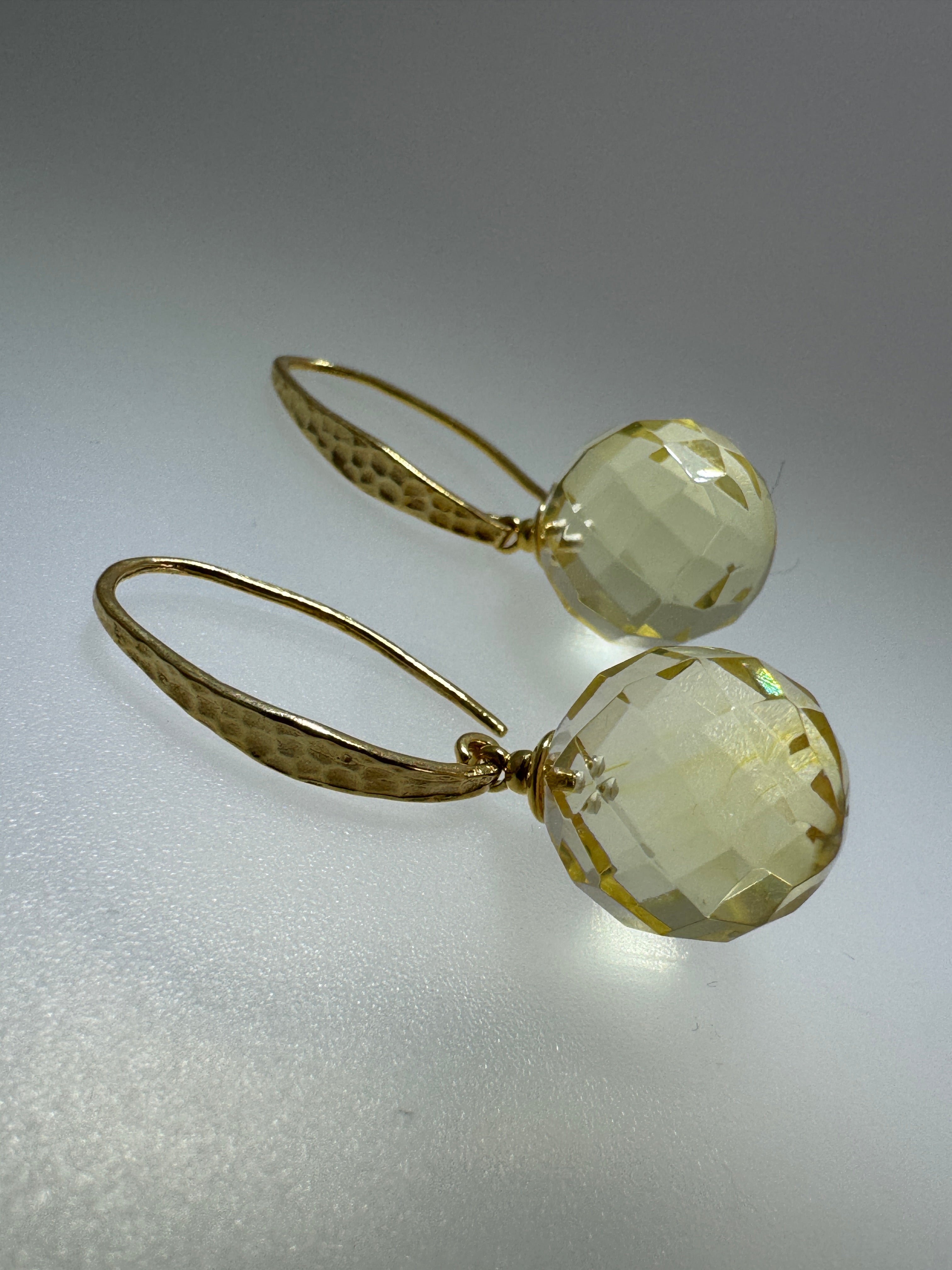 Gold Plated Sterling Silver Lemon Amber Faceted Ball Drop Earrings | Hammered Silver Design | Lightweight Baltic Amber Jewelry