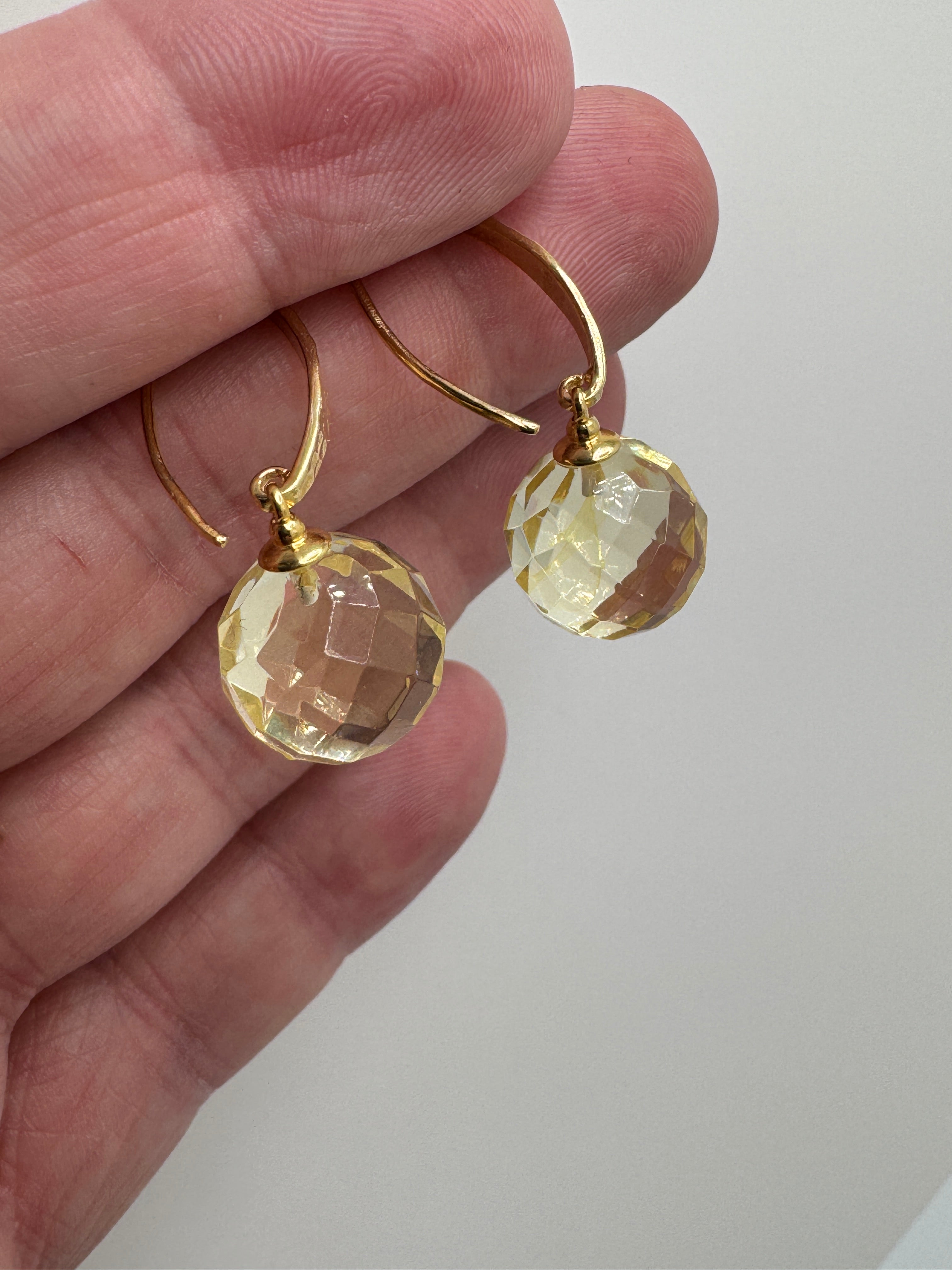 Gold Plated Sterling Silver Lemon Amber Faceted Ball Drop Earrings | Hammered Silver Design | Lightweight Baltic Amber Jewelry
