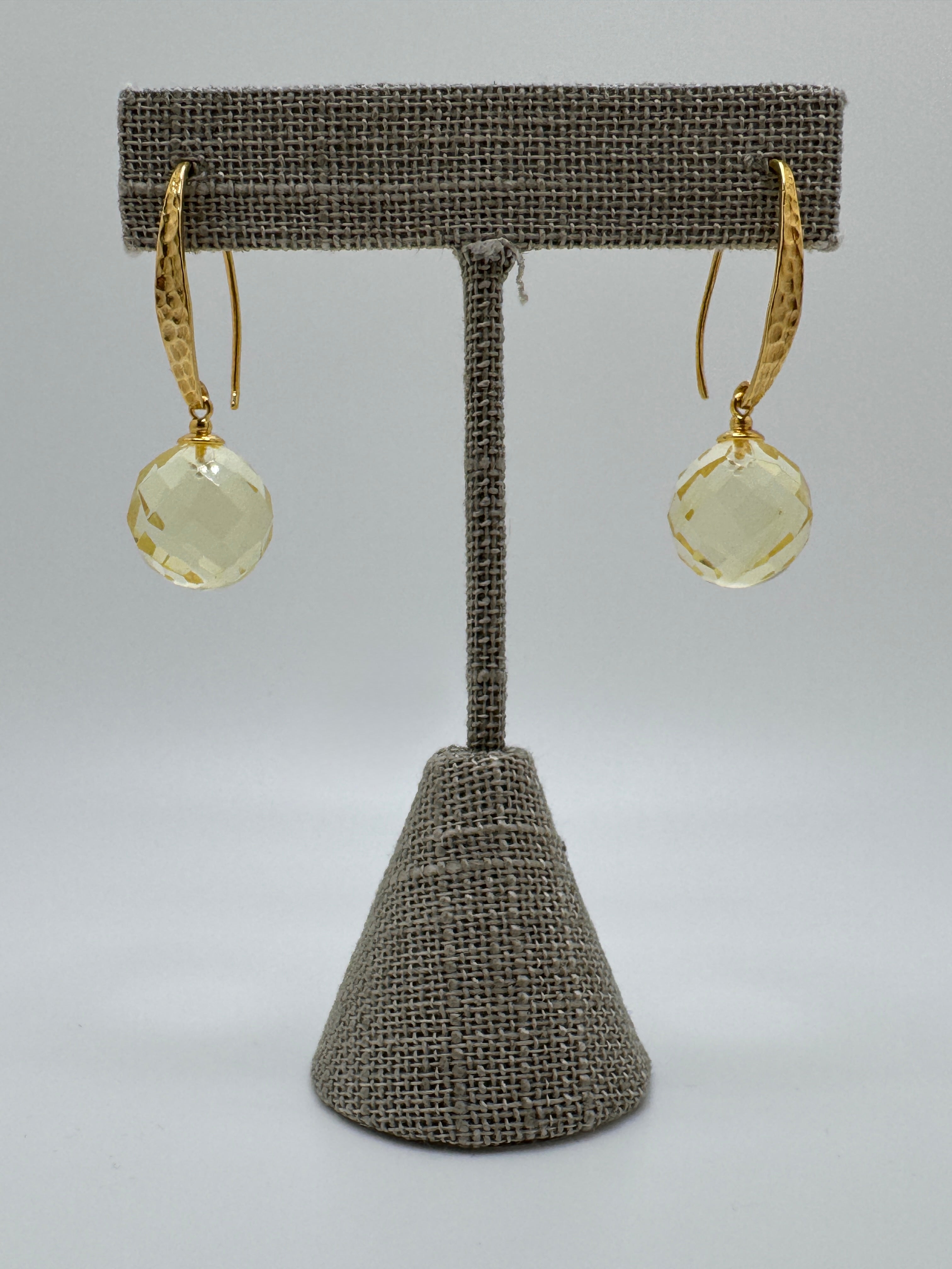 Gold Plated Sterling Silver Lemon Amber Faceted Ball Drop Earrings | Hammered Silver Design | Lightweight Baltic Amber Jewelry