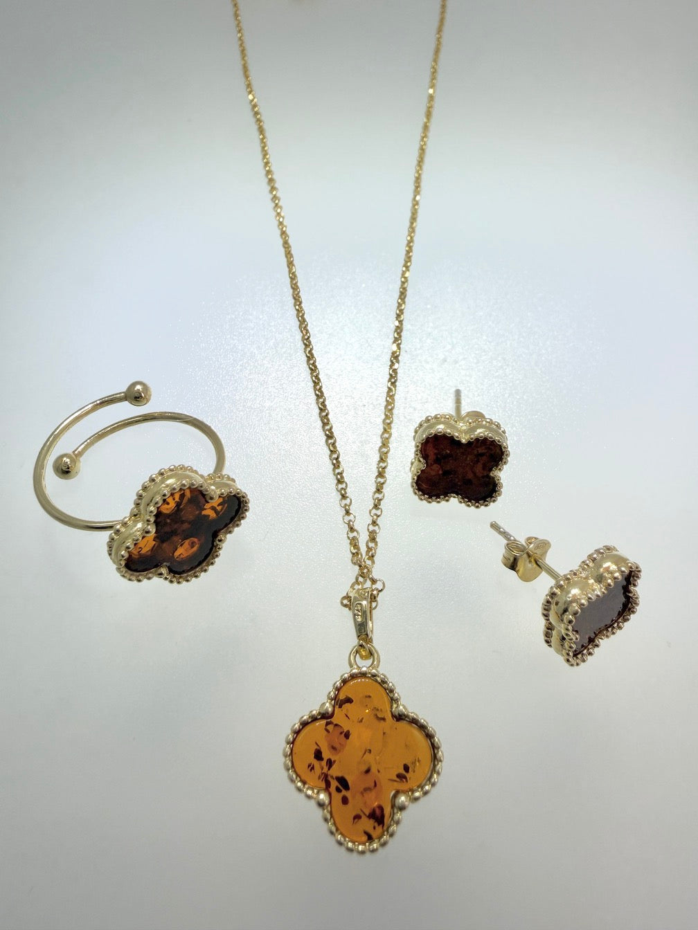 Gold Plated Sterling Silver & Cognac Baltic Amber Clover Jewelry Set – Handmade in Poland
