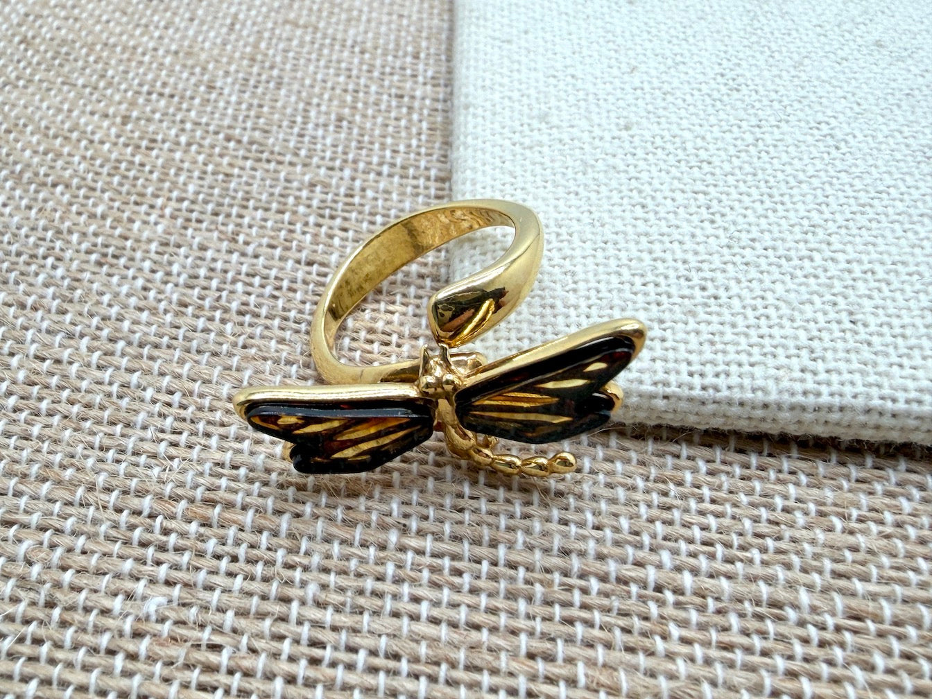 Gold Plated Sterling Silver & Genuine Baltic Amber Dragonfly Ring
