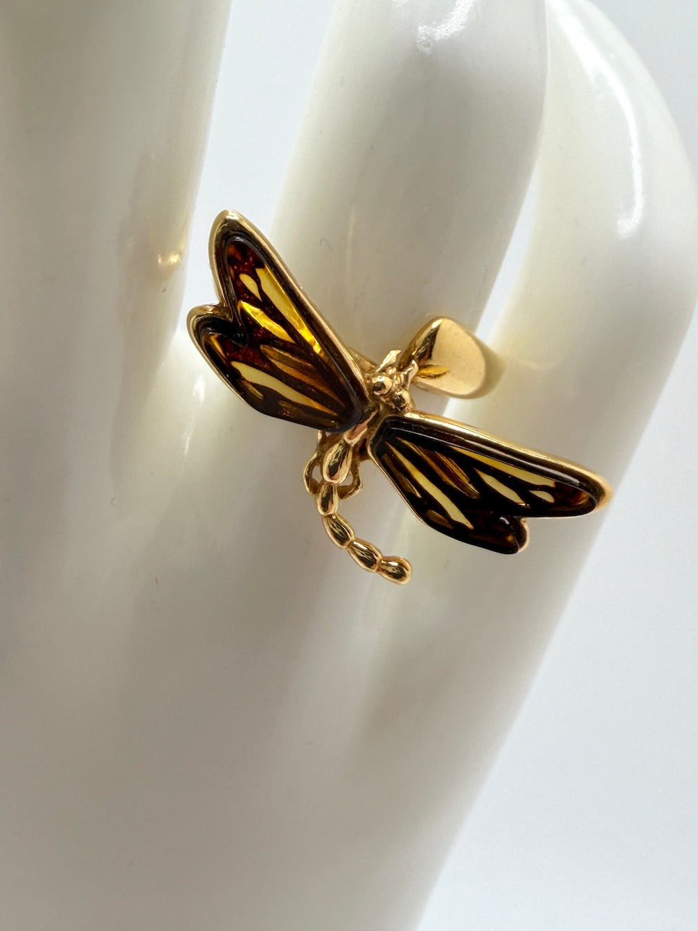 Gold Plated Sterling Silver & Genuine Baltic Amber Dragonfly Ring