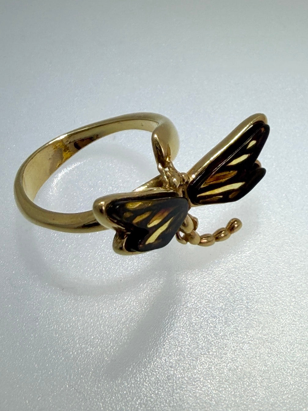 Gold Plated Sterling Silver & Genuine Baltic Amber Dragonfly Ring