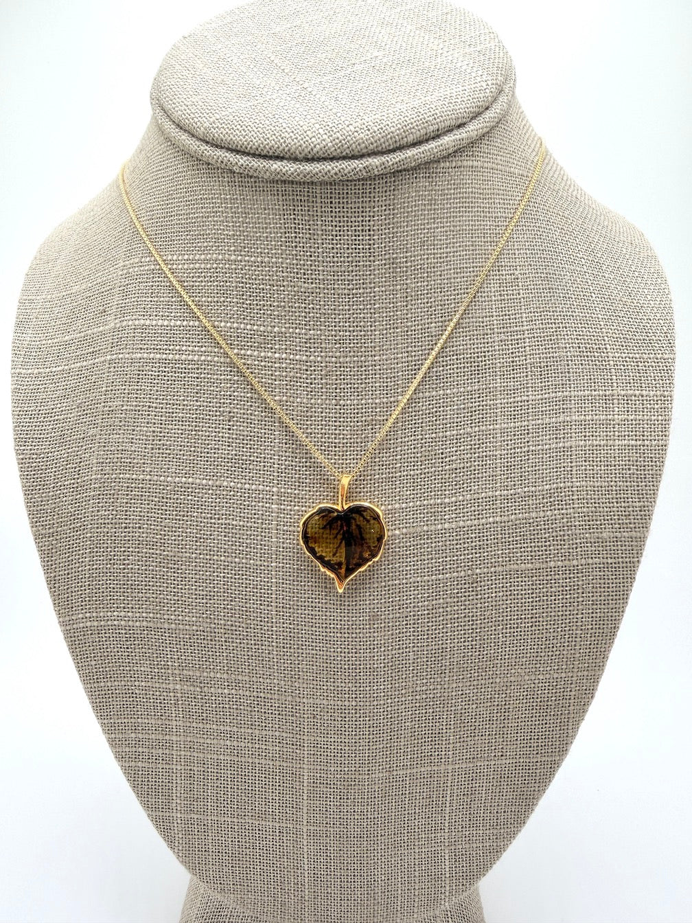 Gold Plated Sterling Silver & Genuine Baltic Amber Hand-Etched Leaf Pendant Necklace