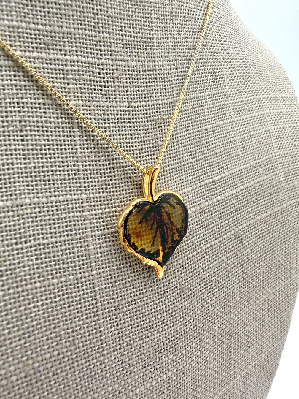 Gold Plated Sterling Silver & Genuine Baltic Amber Hand-Etched Leaf Pendant Necklace