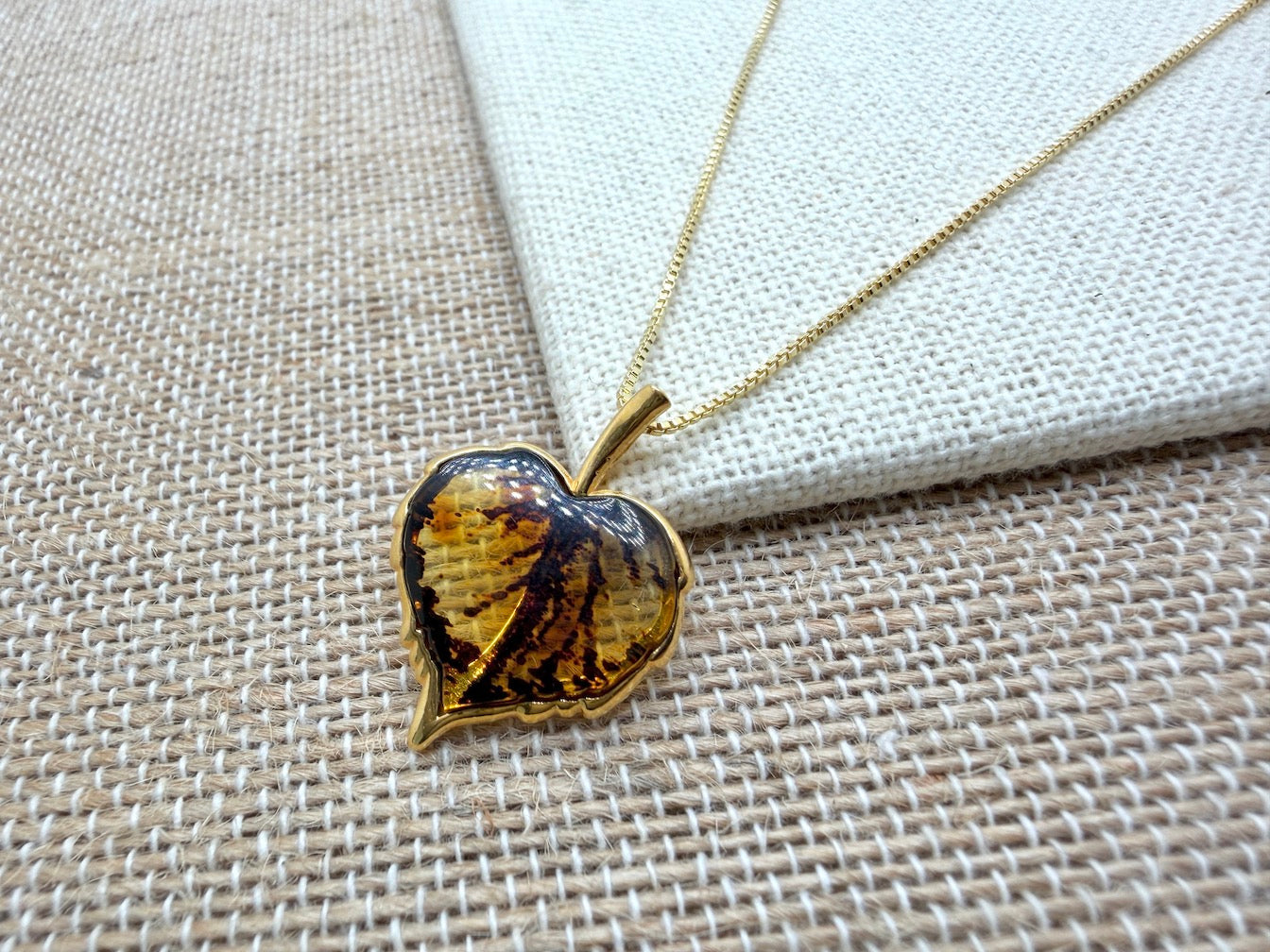 Gold Plated Sterling Silver & Genuine Baltic Amber Hand-Etched Leaf Pendant Necklace