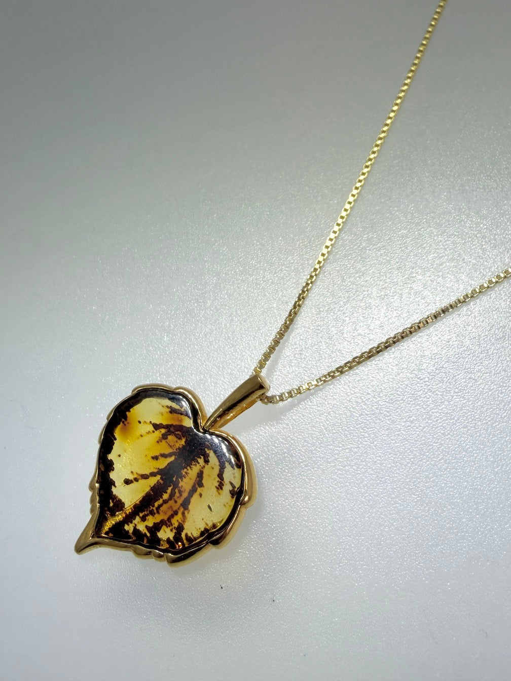 Gold Plated Sterling Silver & Genuine Baltic Amber Hand-Etched Leaf Pendant Necklace