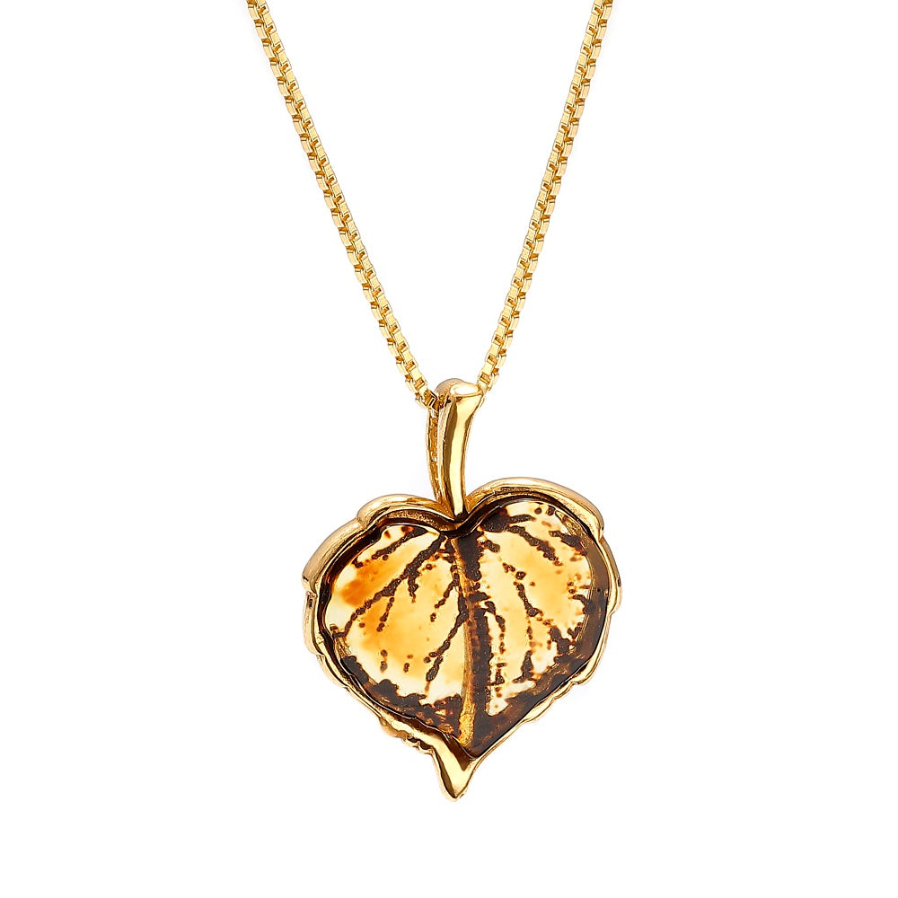 Gold Plated Sterling Silver & Genuine Baltic Amber Hand-Etched Leaf Pendant Necklace