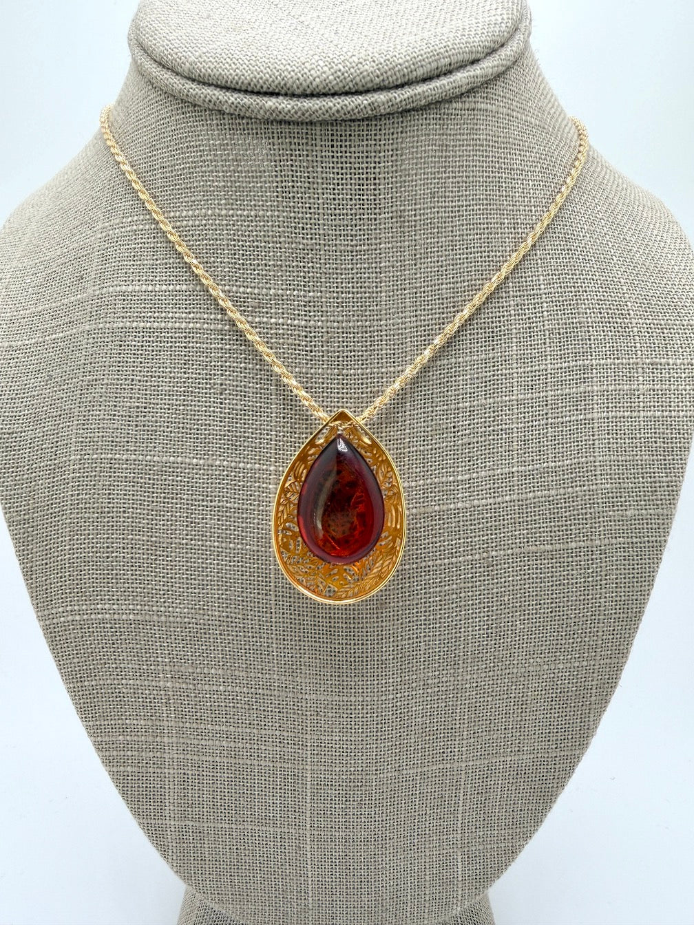 Gold Plated Sterling Silver & Genuine Baltic Amber Leaf Pendant on Rope Chain