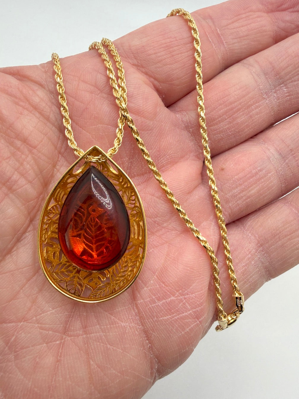 Gold Plated Sterling Silver & Genuine Baltic Amber Leaf Pendant on Rope Chain