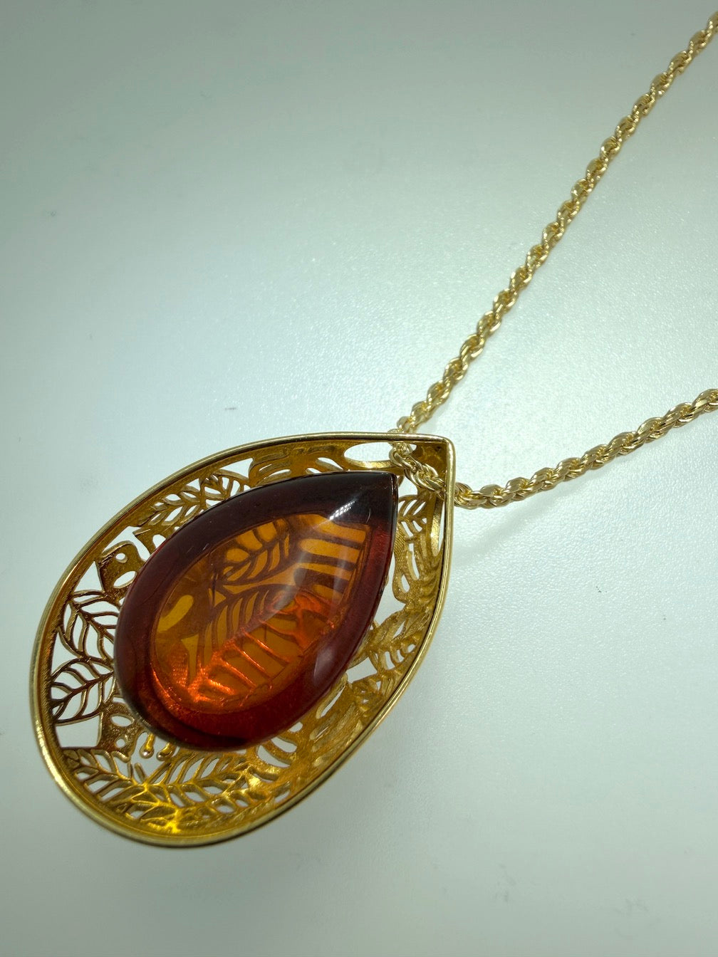 Gold Plated Sterling Silver & Genuine Baltic Amber Leaf Pendant on Rope Chain