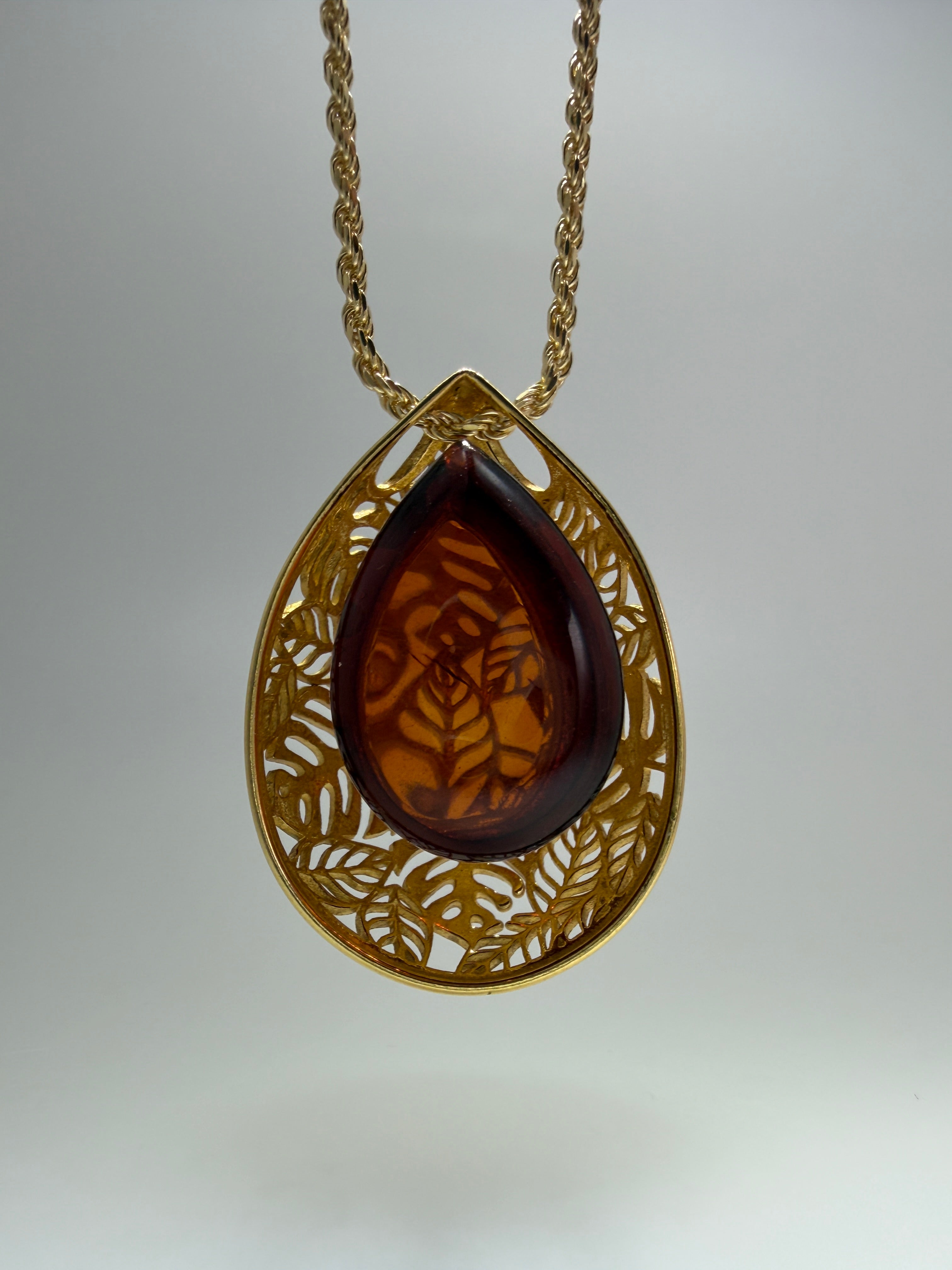 Gold Plated Sterling Silver & Genuine Baltic Amber Leaf Pendant on Rope Chain