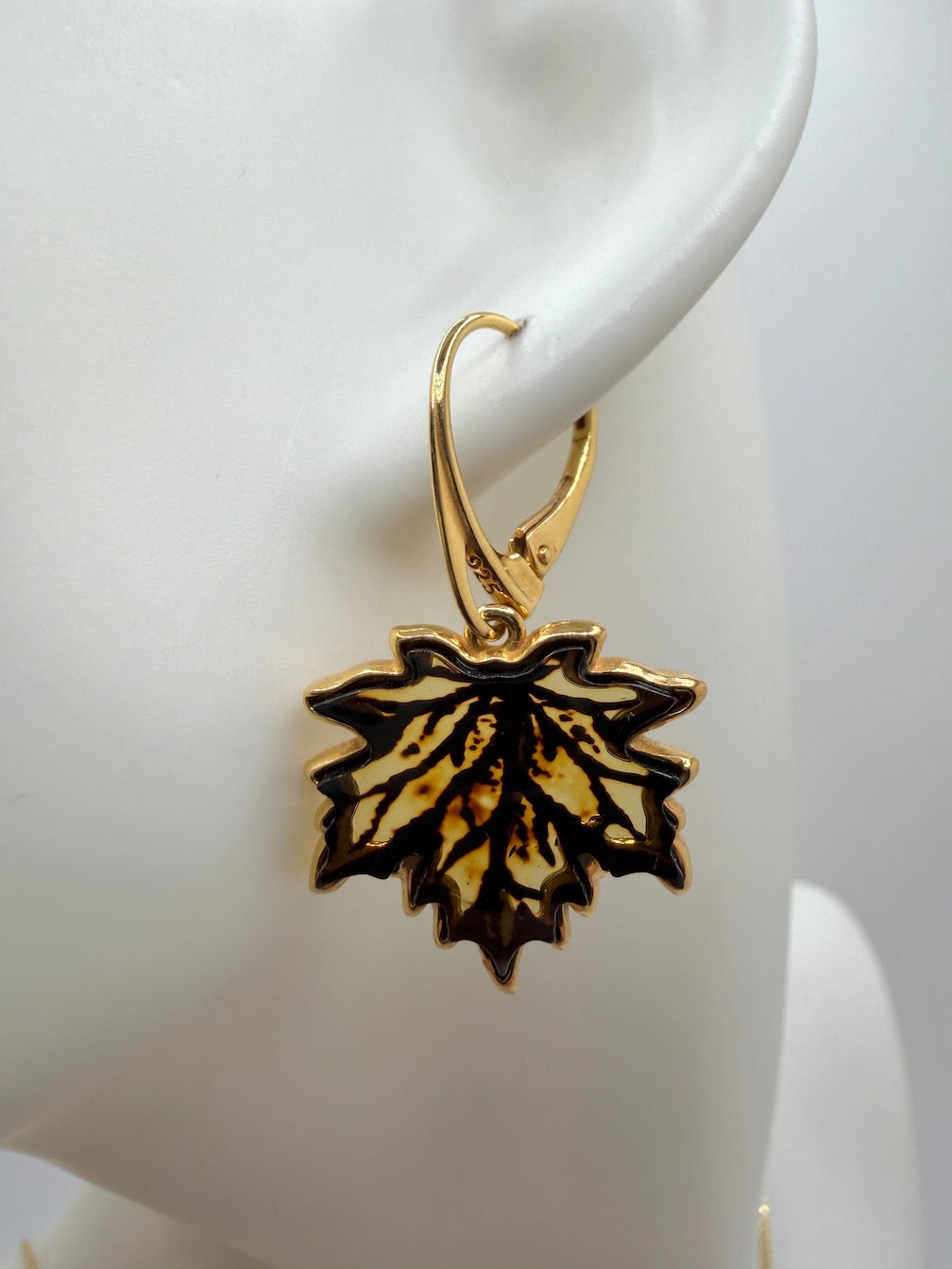 Gold Plated Sterling Silver & Genuine Baltic Amber Maple Leaf Necklace + Earrings Set • Hand-Etched Lemon & Honey Amber