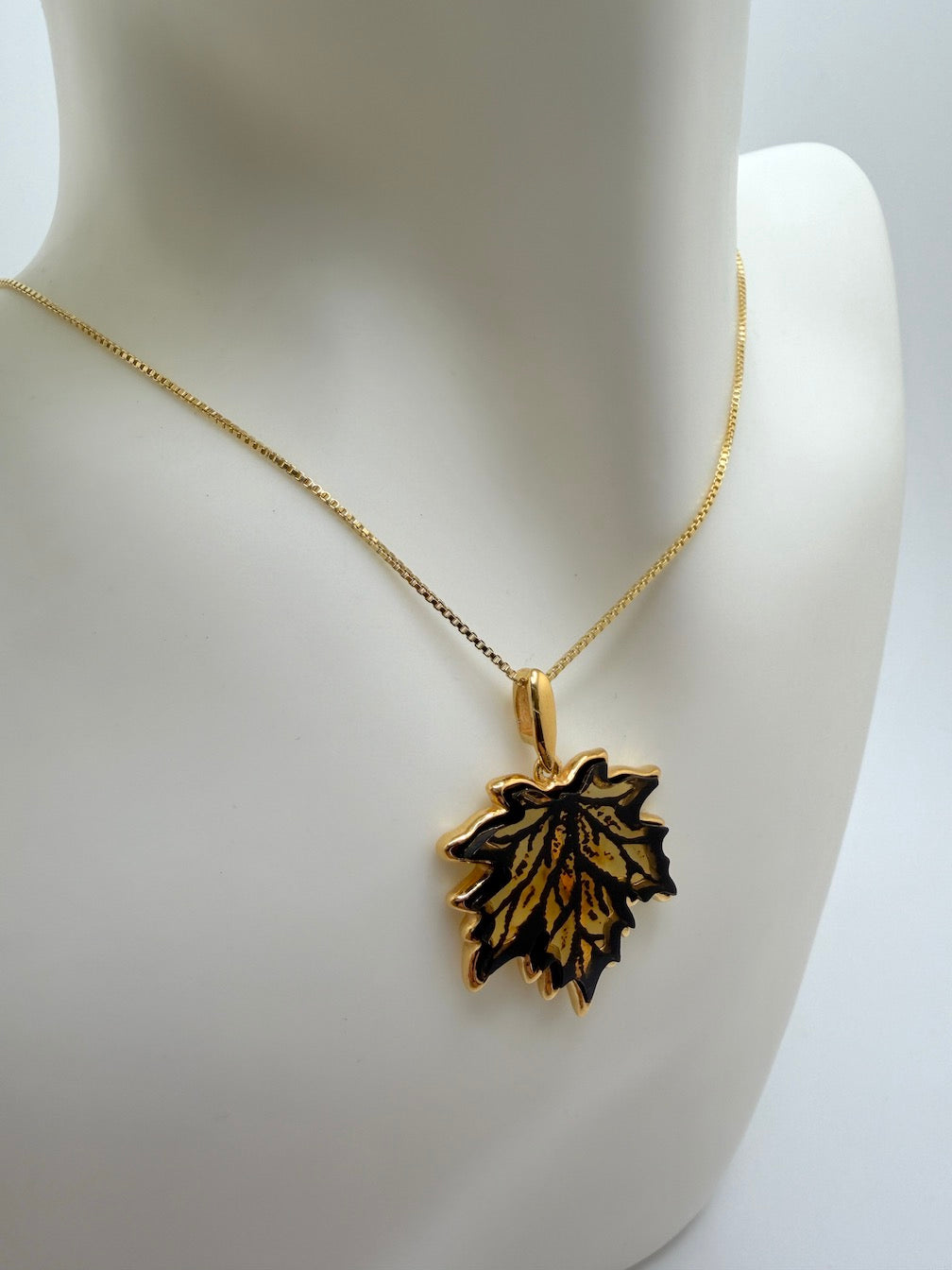 Gold Plated Sterling Silver & Genuine Baltic Amber Maple Leaf Necklace + Earrings Set • Hand-Etched Lemon & Honey Amber