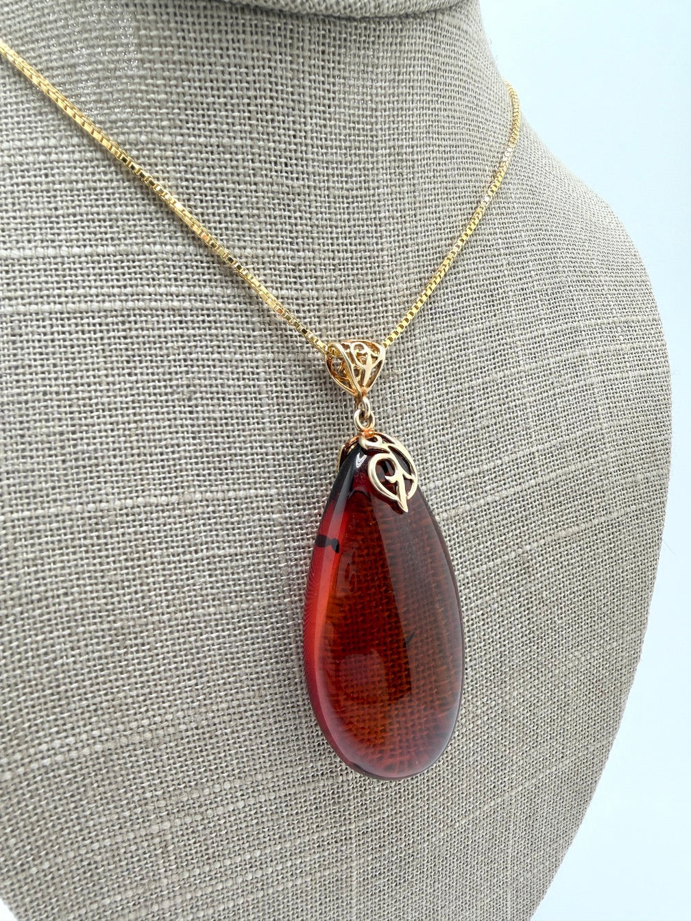 Gold Plated Sterling Silver & Genuine Baltic Amber Pendant – Rare Dark Cherry Amber – Three Unique Designs Available