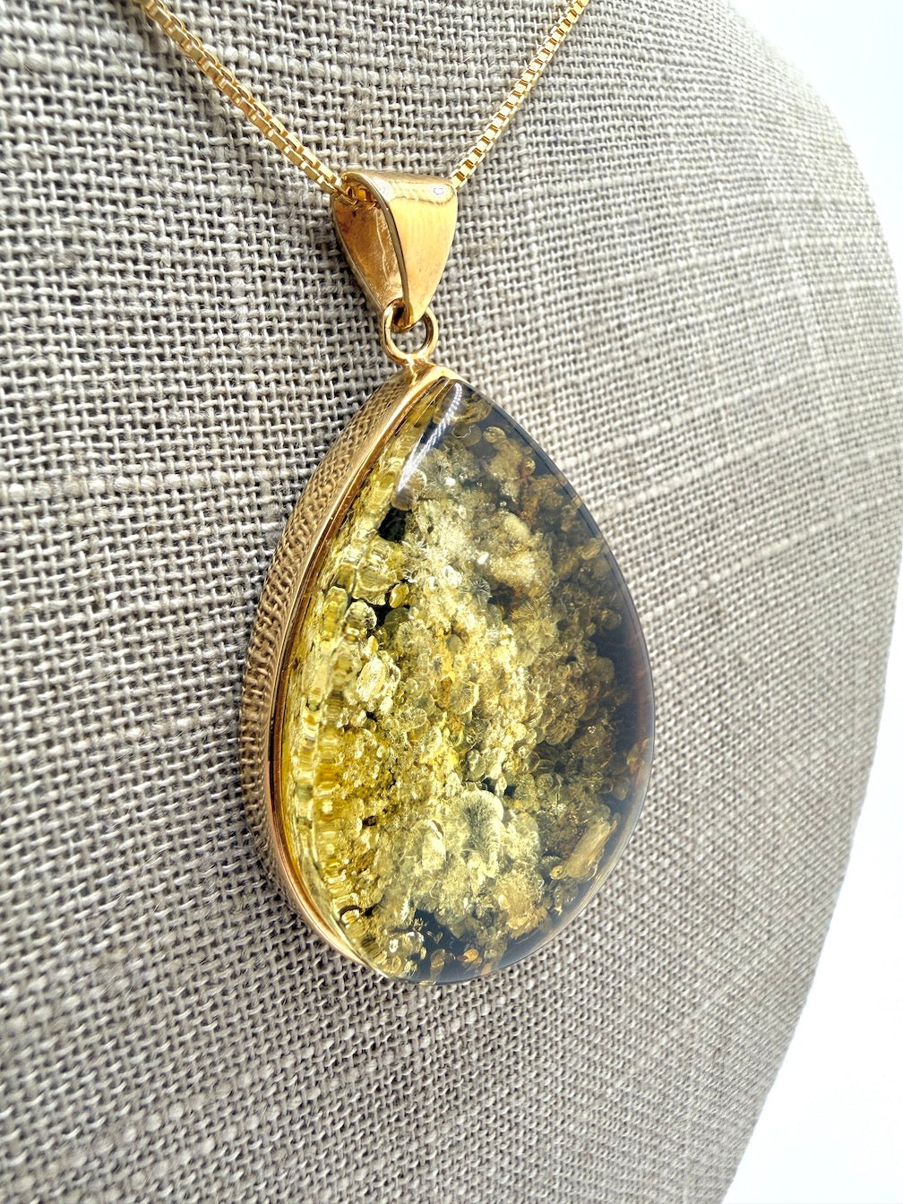 Teardrop Gold Plated Sterling Silver & Genuine Green Baltic Amber Pendant Necklace — One-of-a-Kind Museum Quality