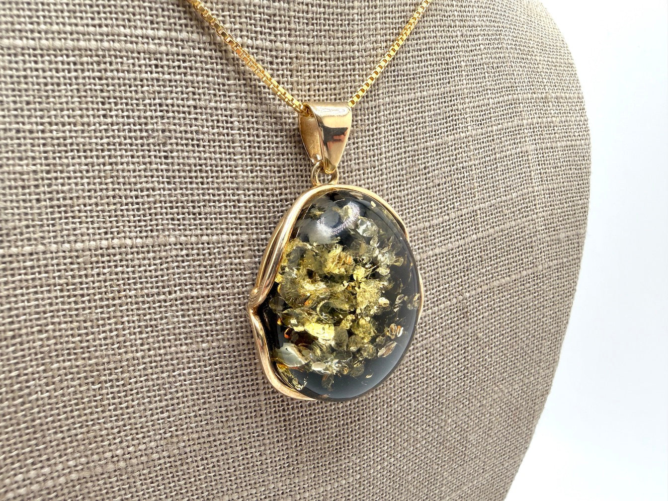Oval Gold Plated Sterling Silver & Genuine Green Baltic Amber Pendant Necklace — One-of-a-Kind Museum Quality
