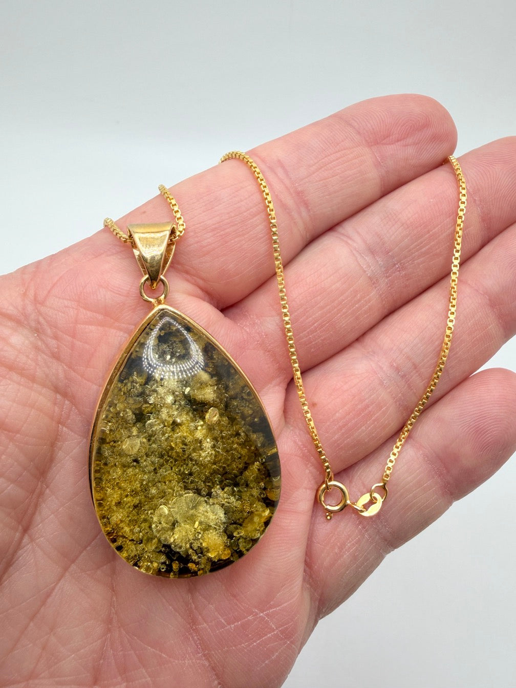 Teardrop Gold Plated Sterling Silver & Genuine Green Baltic Amber Pendant Necklace — One-of-a-Kind Museum Quality
