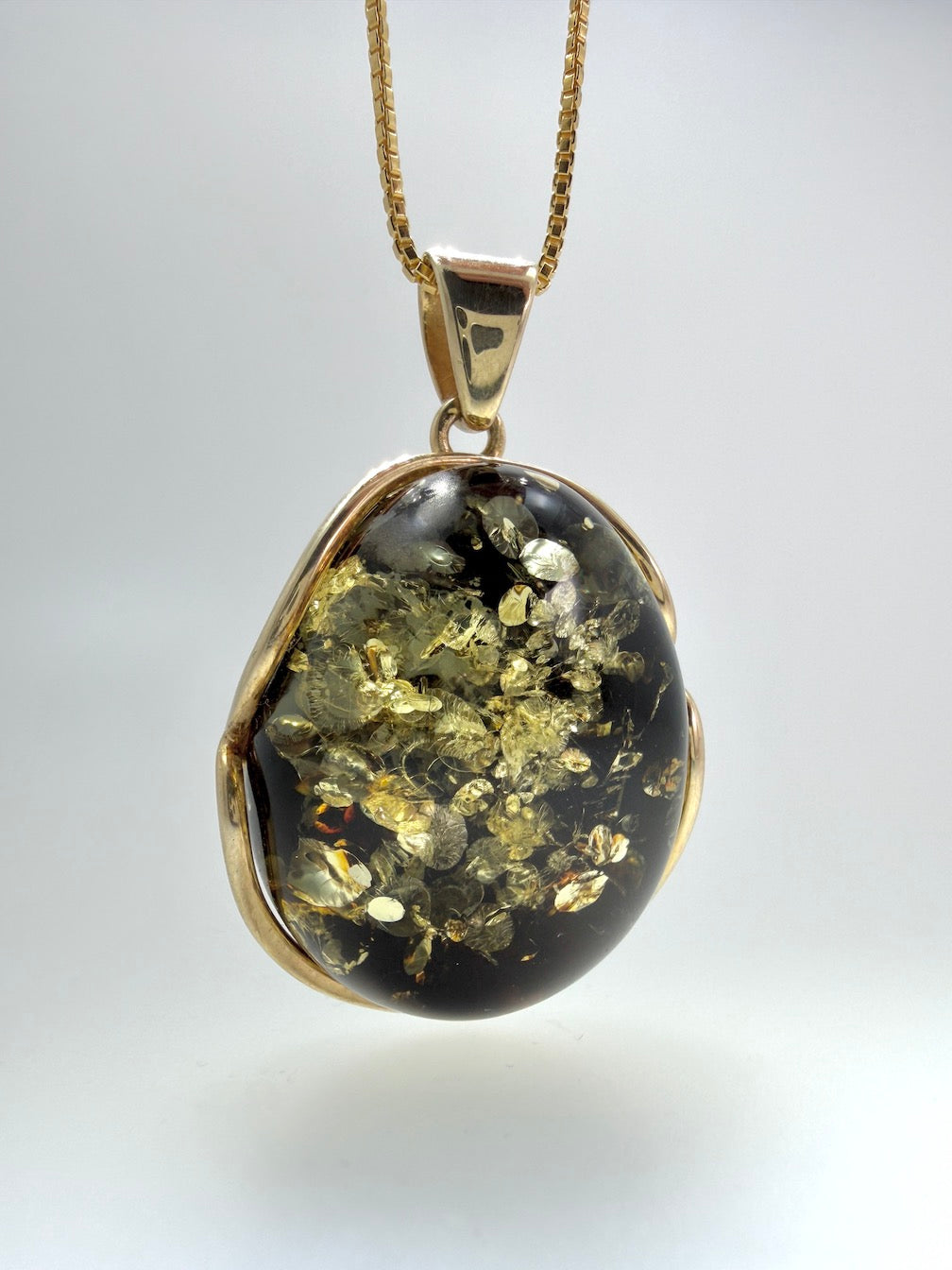 Oval Gold Plated Sterling Silver & Genuine Green Baltic Amber Pendant Necklace — One-of-a-Kind Museum Quality