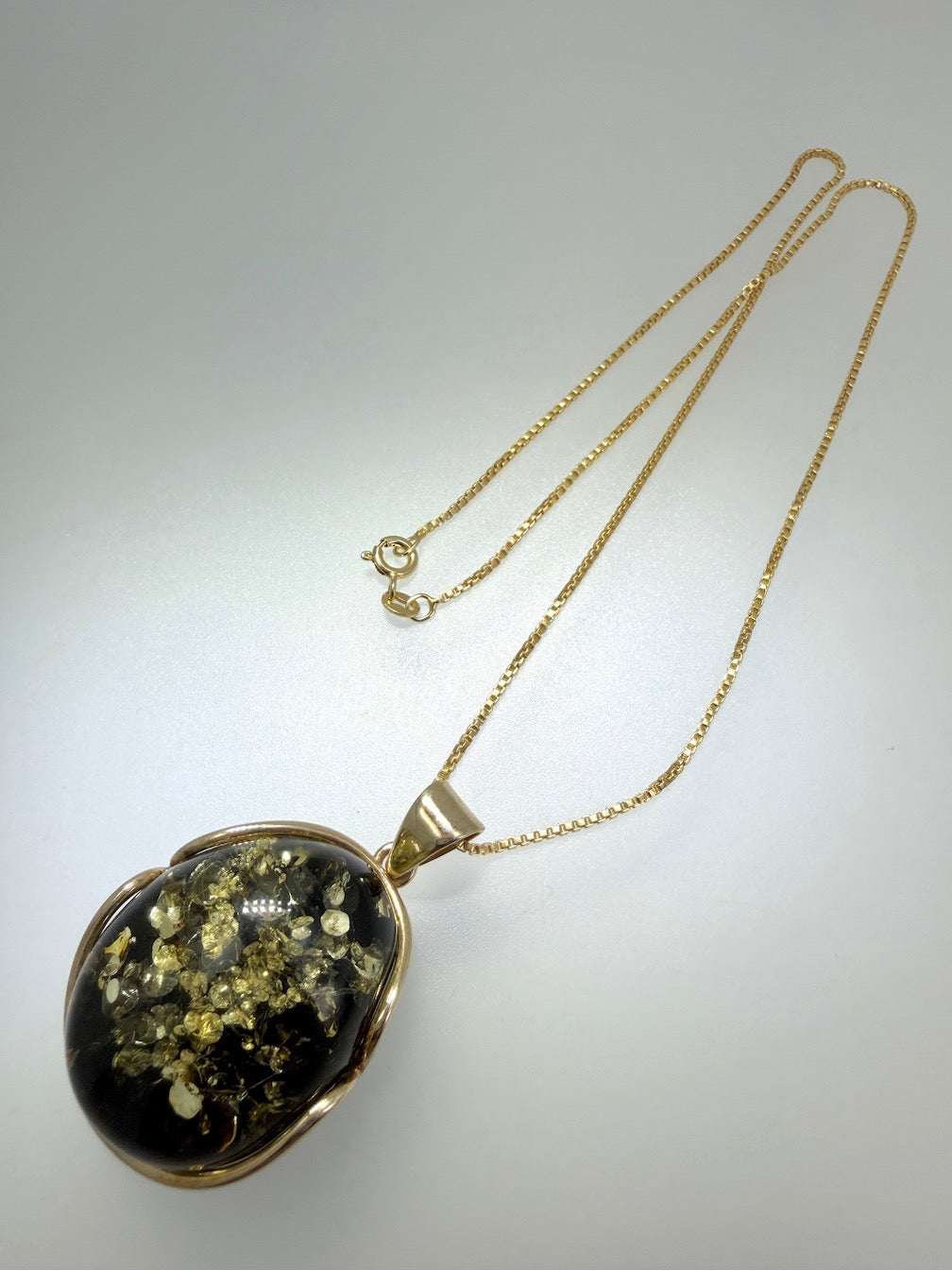 Oval Gold Plated Sterling Silver & Genuine Green Baltic Amber Pendant Necklace — One-of-a-Kind Museum Quality