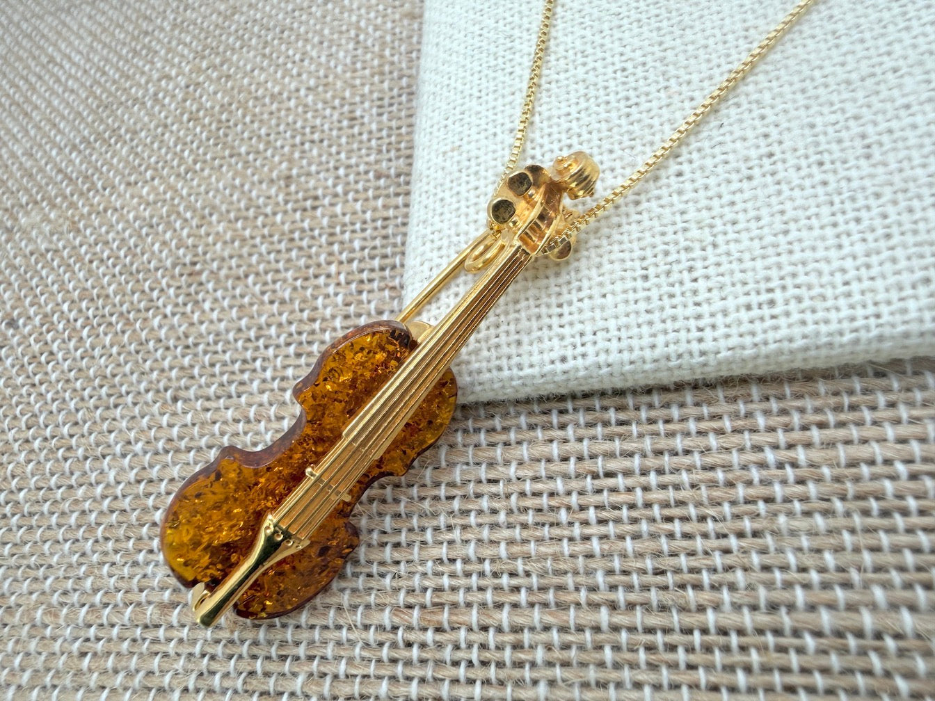 Gold Platted Sterling Silver & Cognac Baltic Amber Double Bass Contrabass Pendant Brooch | 2-in-1 Music Lover Gift