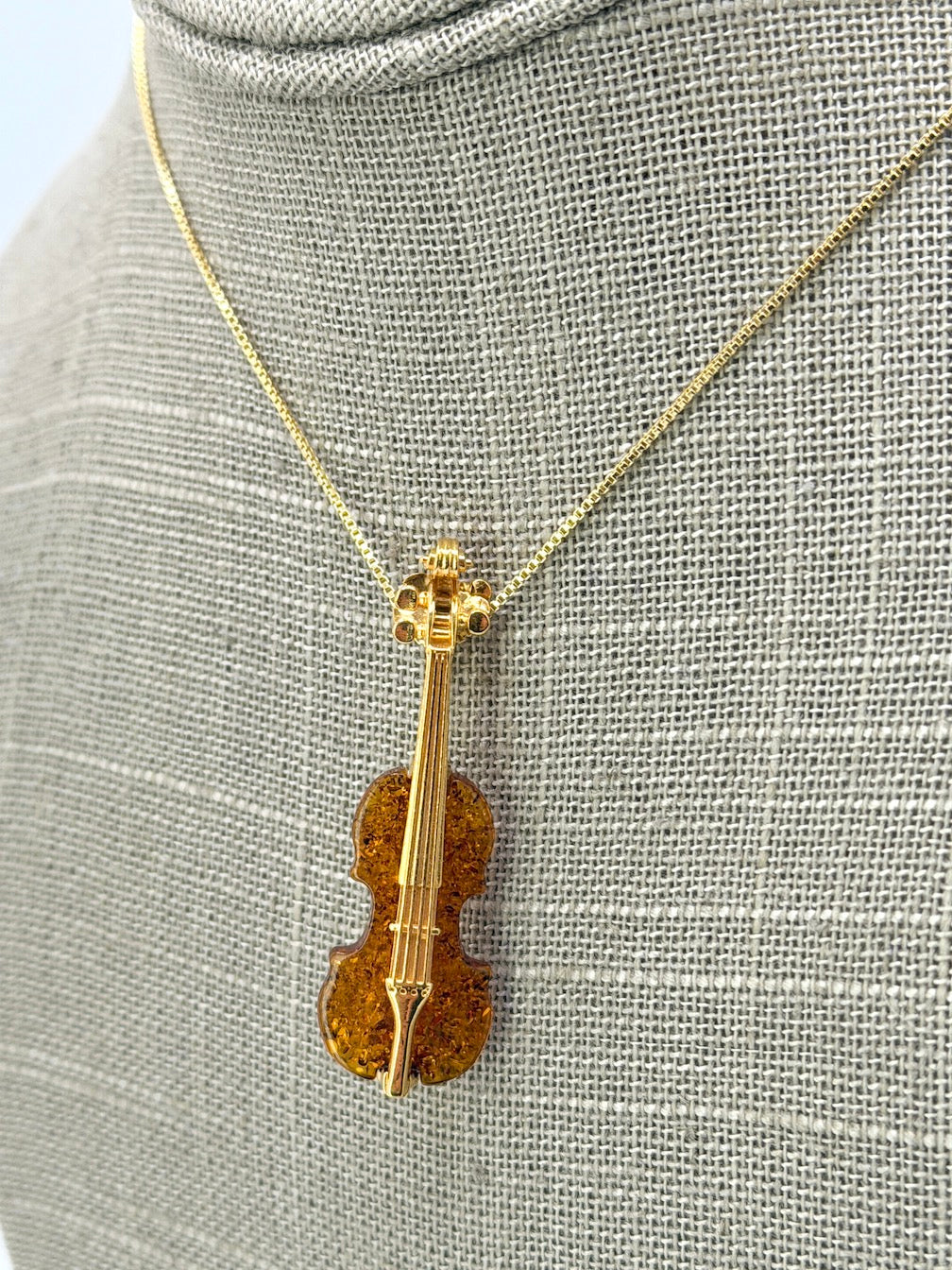 Gold Platted Sterling Silver & Cognac Baltic Amber Double Bass Contrabass Pendant Brooch | 2-in-1 Music Lover Gift