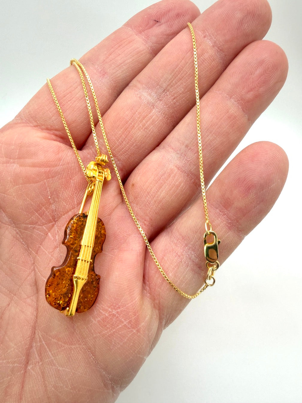 Gold Platted Sterling Silver & Cognac Baltic Amber Double Bass Contrabass Pendant Brooch | 2-in-1 Music Lover Gift